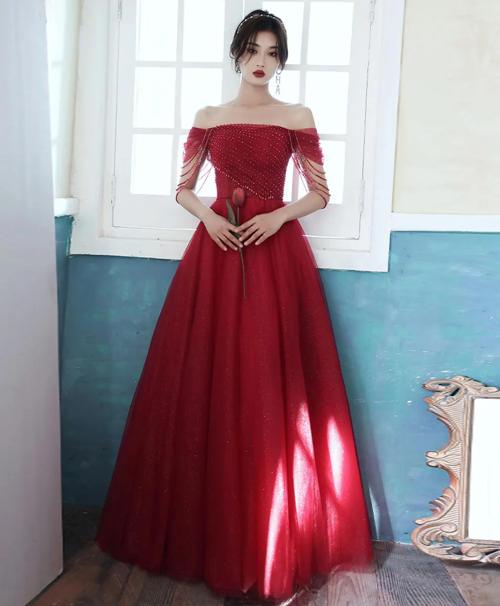 Burgundy Tulle Off Shoulder Long Prom Dress, Burgundy Graduation Dress with Beading