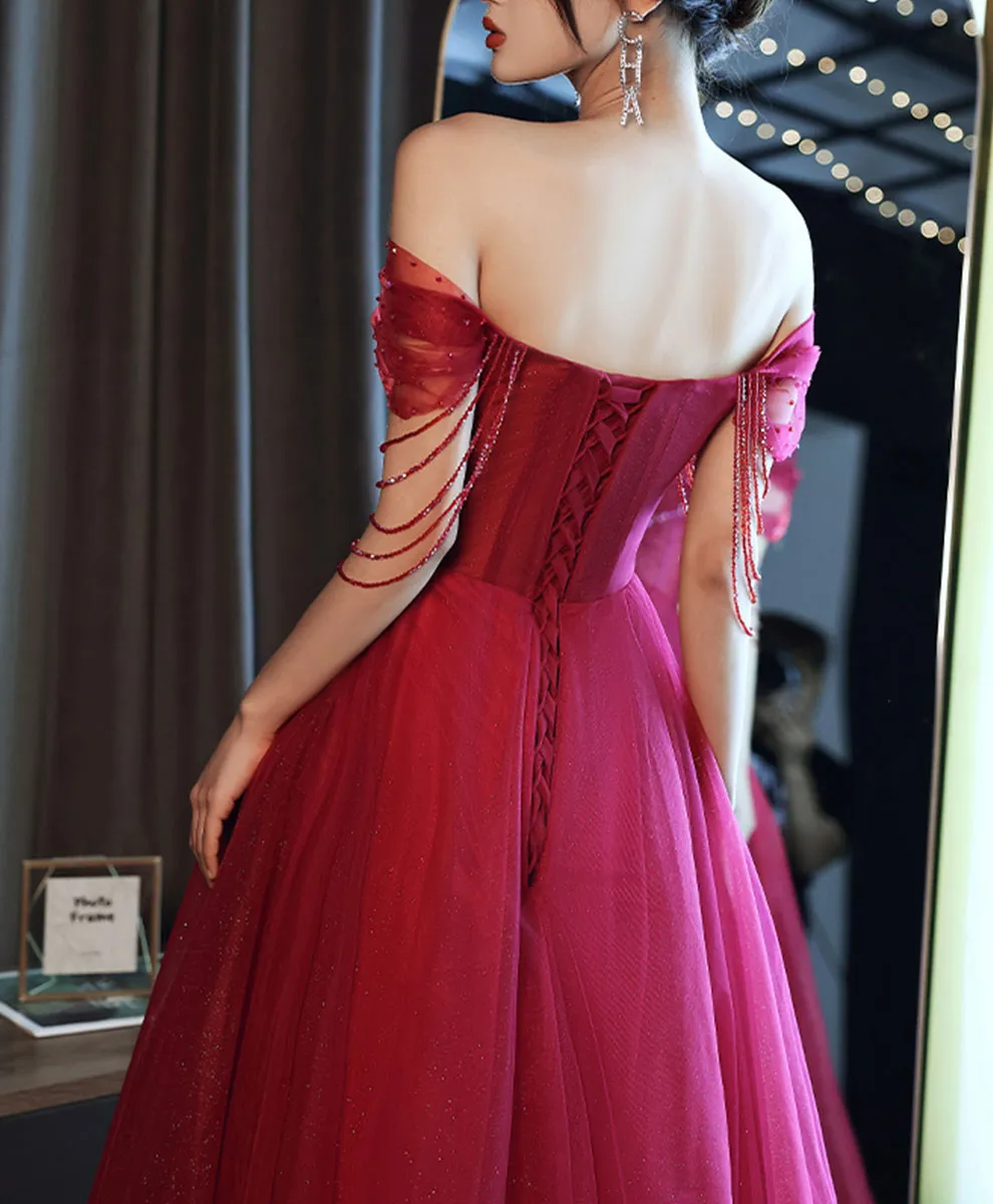 Burgundy Tulle Off Shoulder Long Prom Dress, Burgundy Graduation Dress with Beading