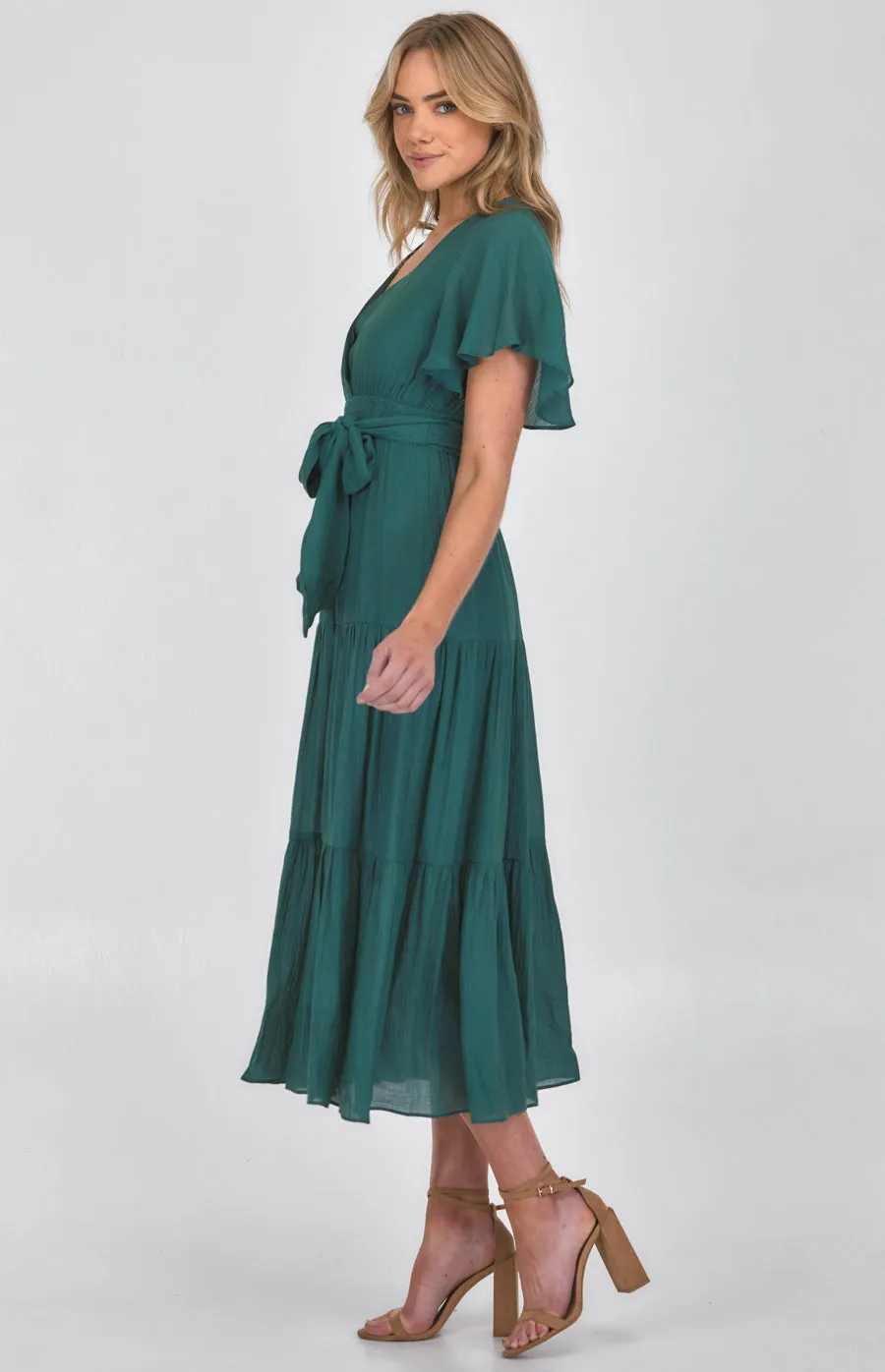 Butterfly Sleeve Shirred Waist Maxi Dress