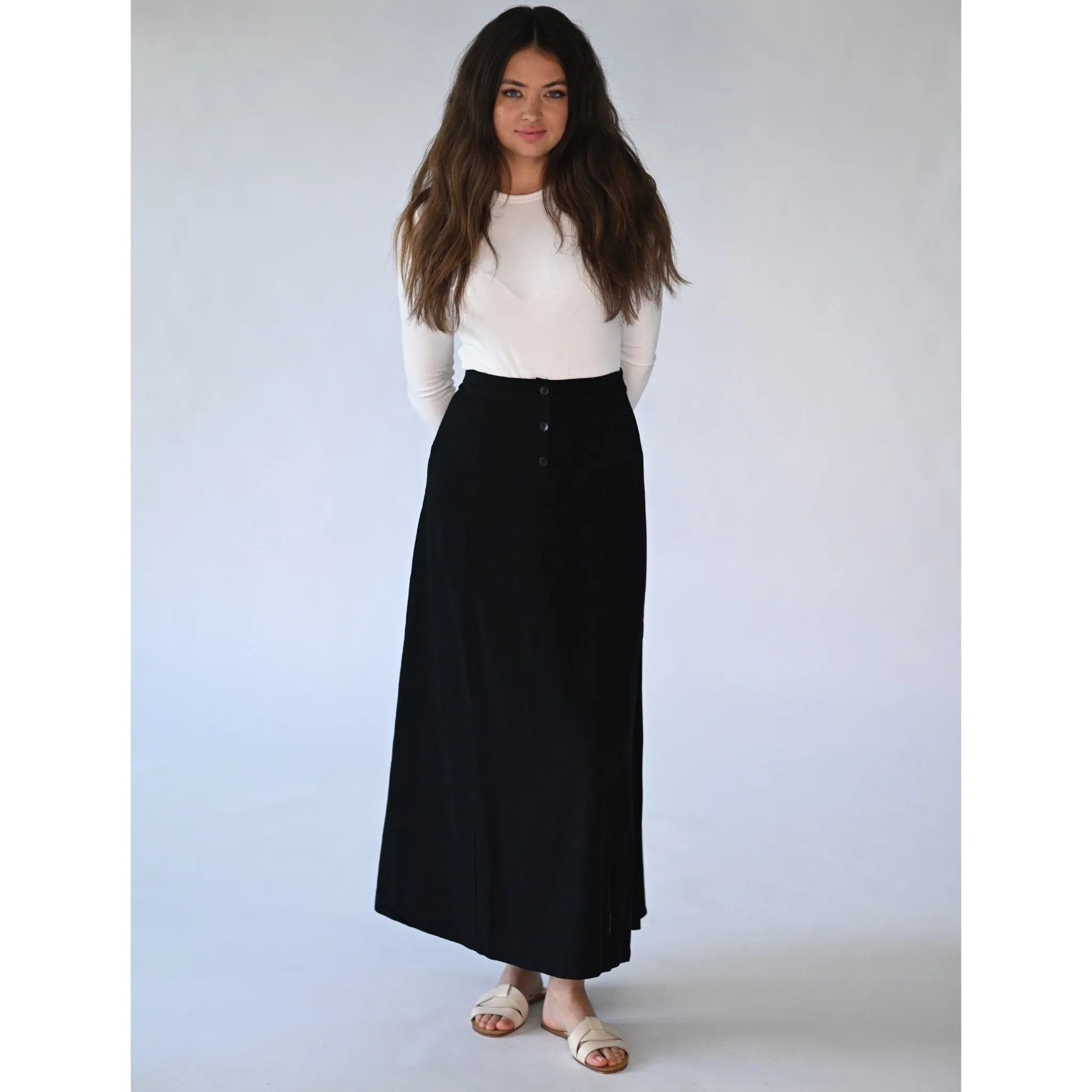 Button Front Linen Skirt Black