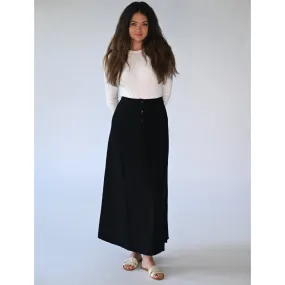 Button Front Linen Skirt Black