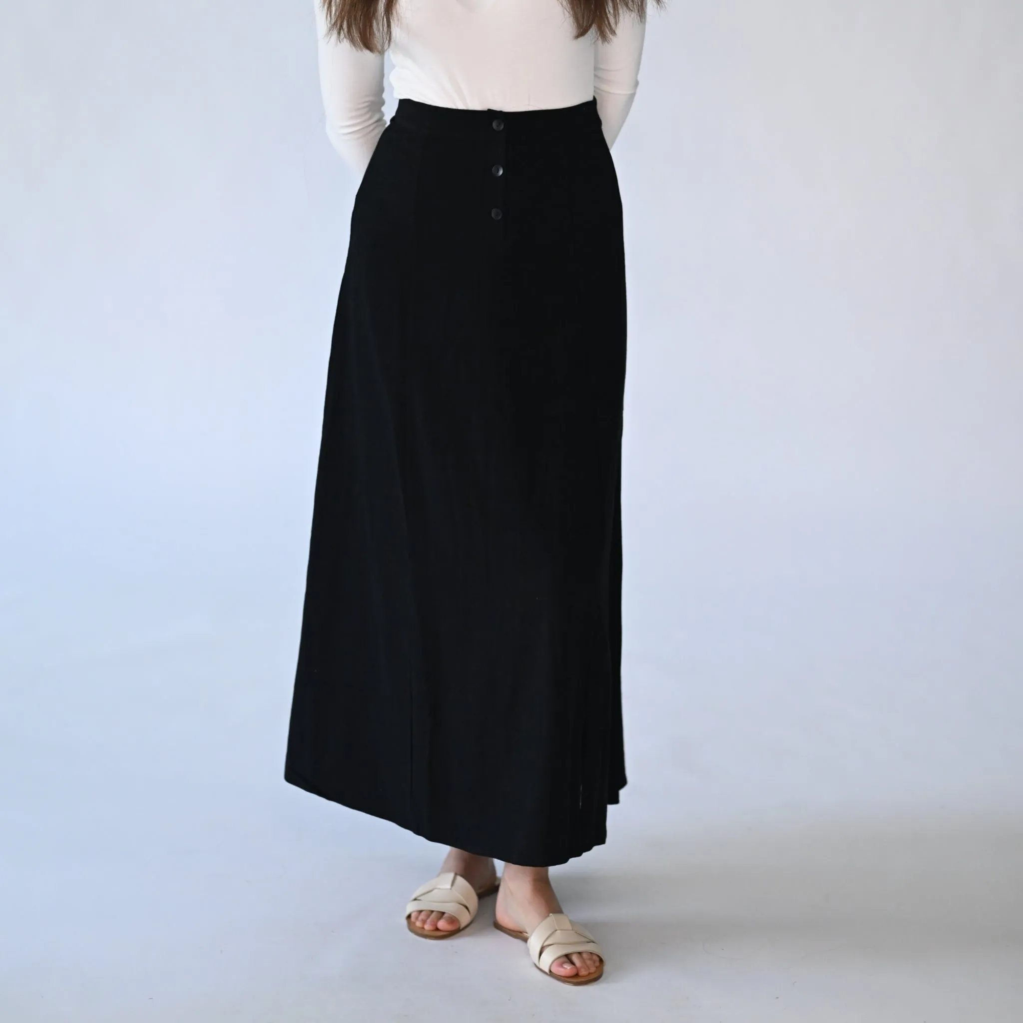 Button Front Linen Skirt Black