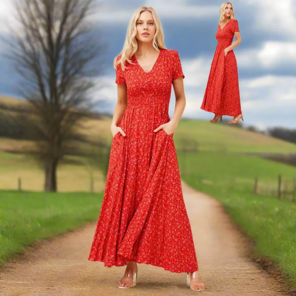 Button Front Maxi Dress with Shirred Waist - Red