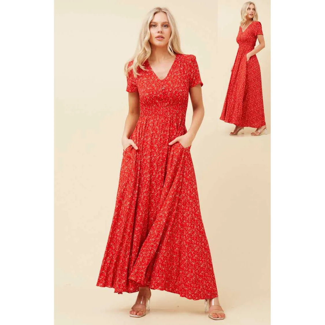 Button Front Maxi Dress with Shirred Waist - Red