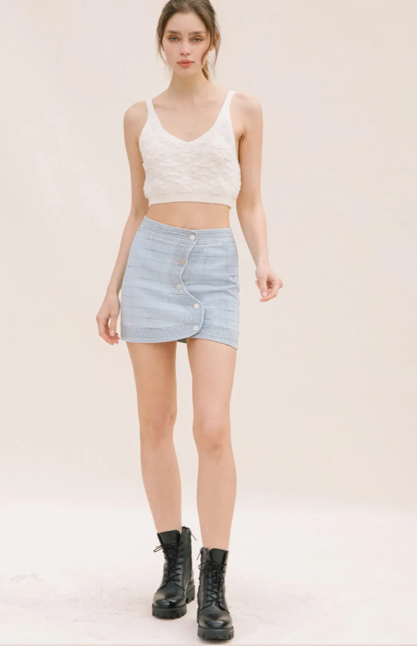 BUTTON FRONT TEXTURED DENIM SKIRT