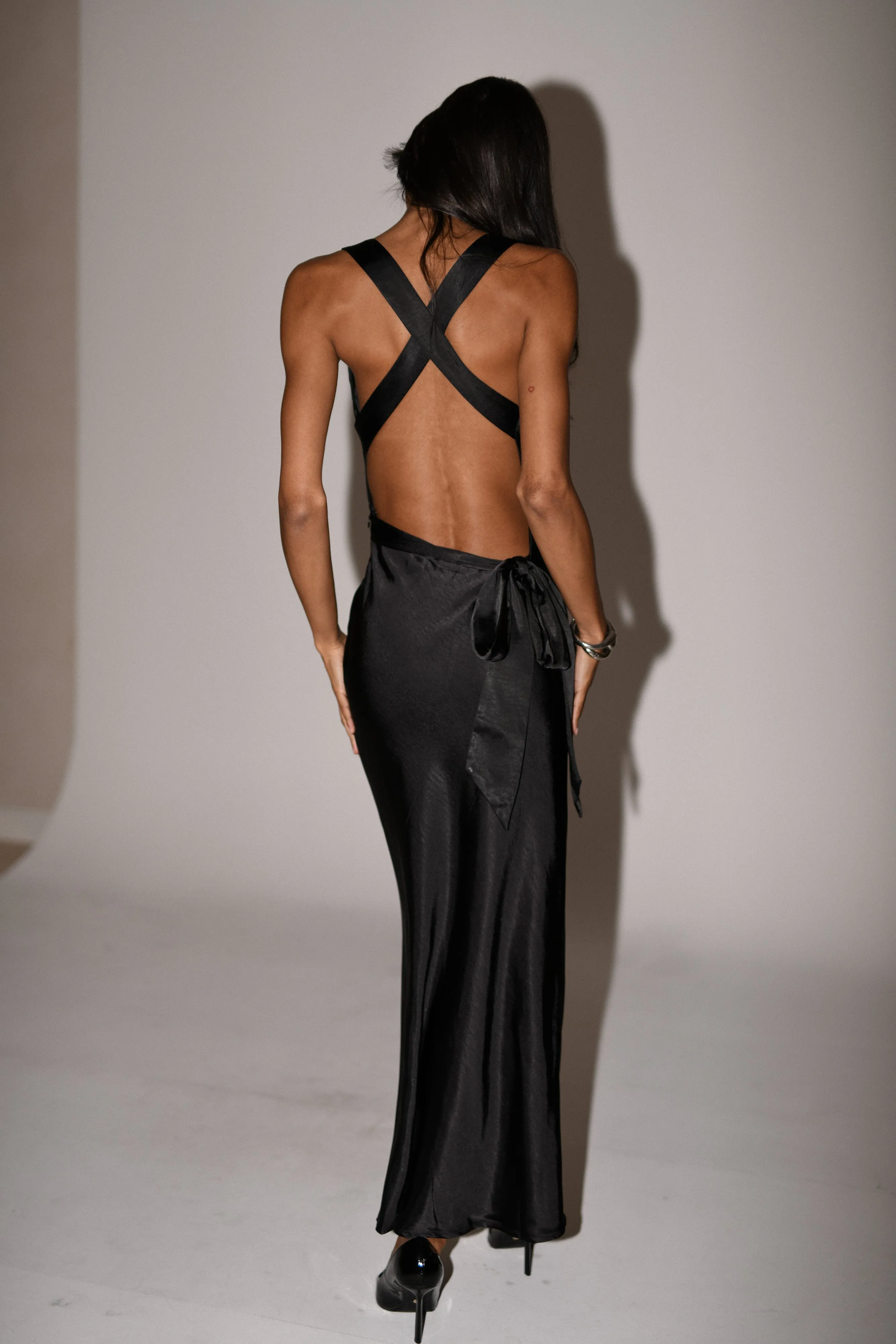 Caellie Satin Cowl Maxi Dress - Black