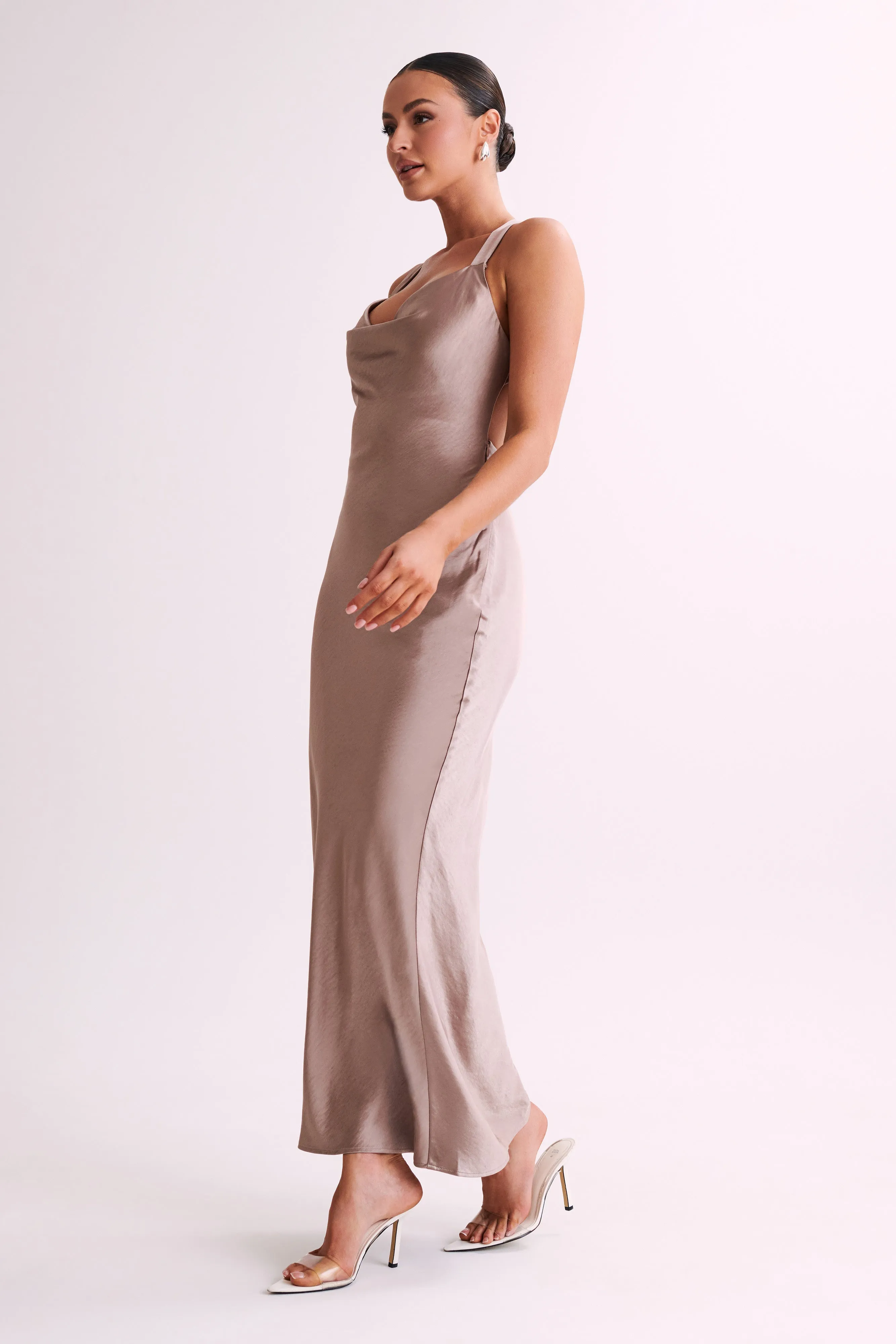 Caellie Satin Cowl Maxi Dress - Taupe