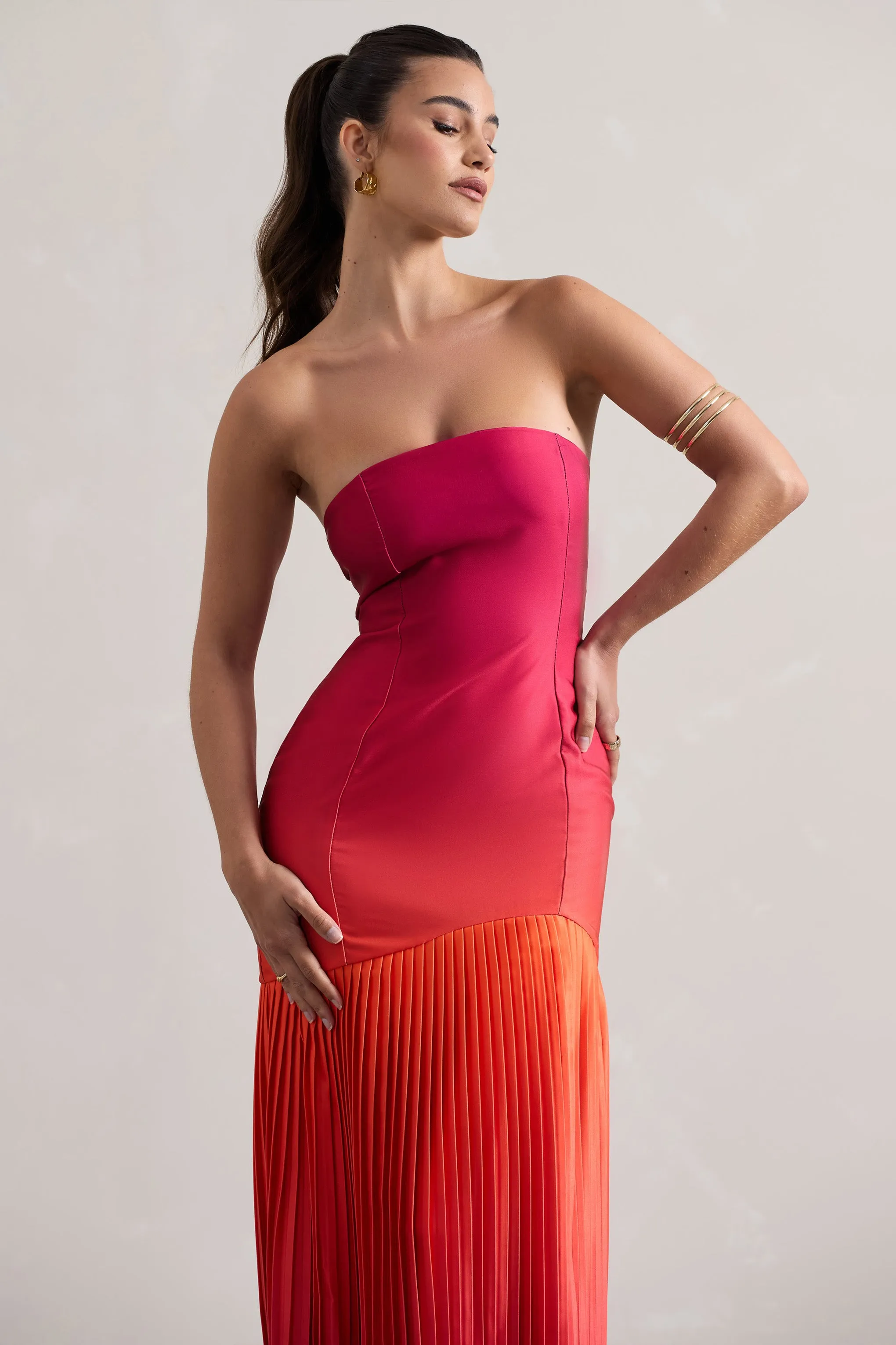 California | Pink & Orange Ombre Bandeau Plisse Maxi Dress