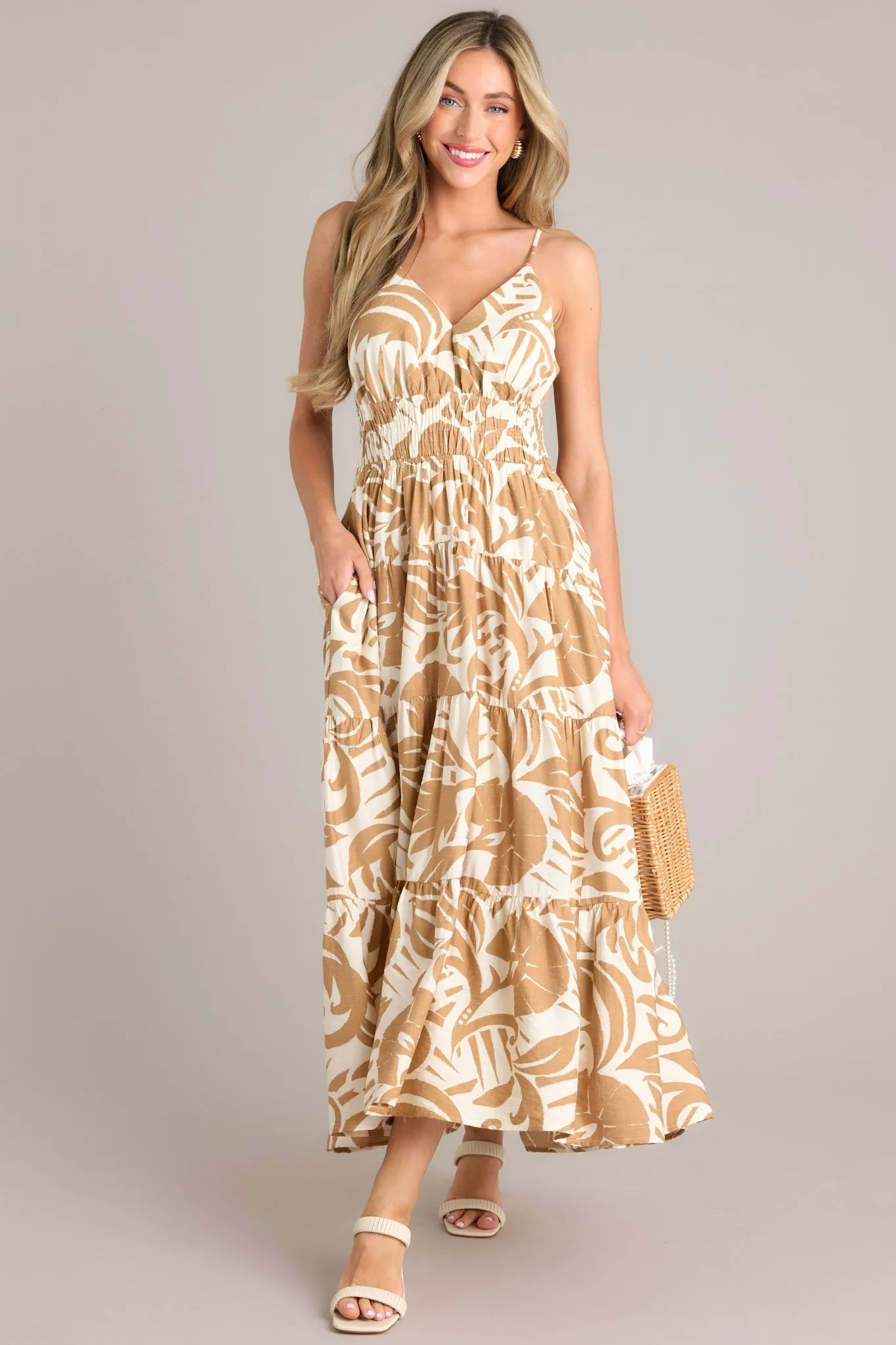 Caribbean Dream Tan Tropical Print Maxi Dress