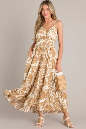 Caribbean Dream Tan Tropical Print Maxi Dress