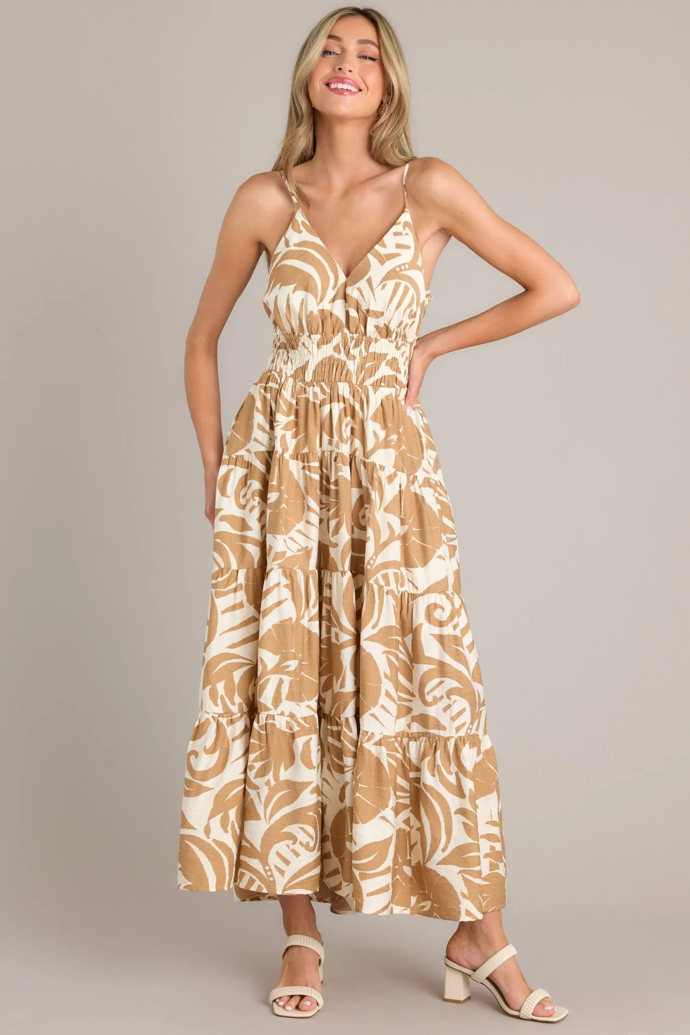 Caribbean Dream Tan Tropical Print Maxi Dress