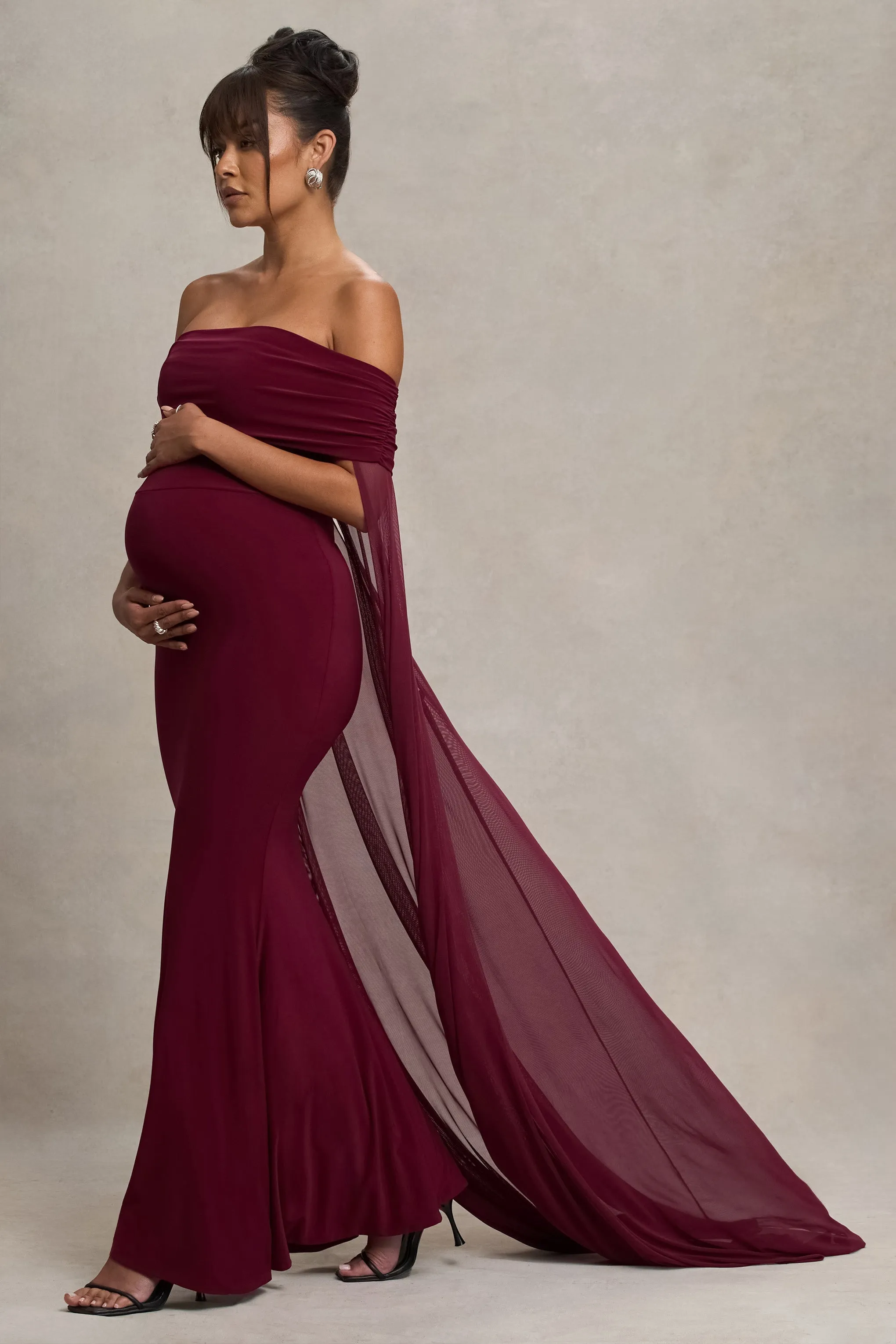 Carlotta | Berry Bardot Maternity Maxi Dress With Chiffon Cape