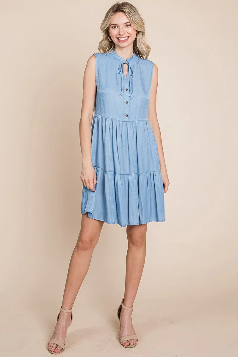 Chambray Tiered Sleeveless Ruffled Babydoll Dress