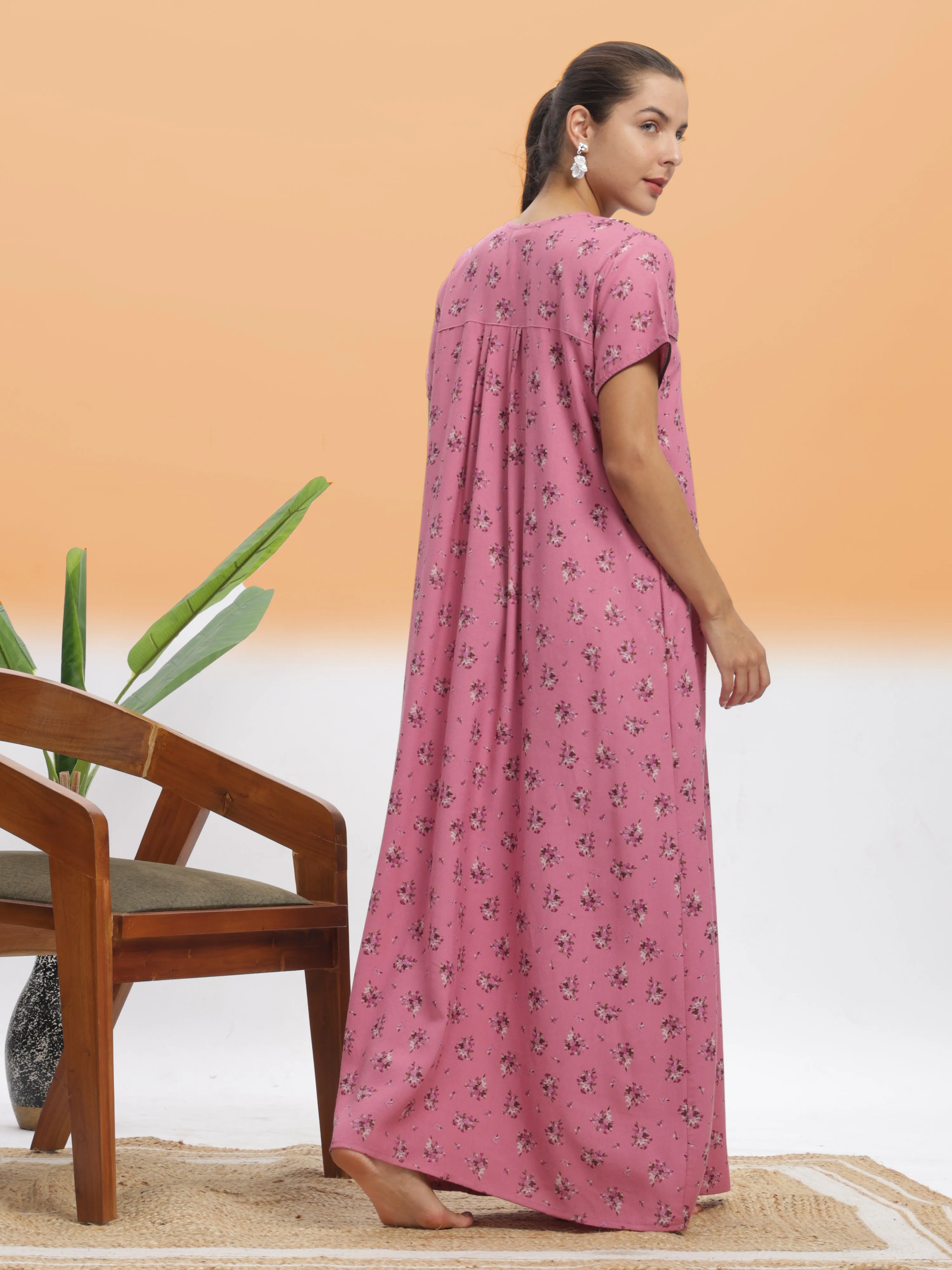 Chic Pink Blossom Alpine Maxi Nighty - Floral Print Designer Nightdress