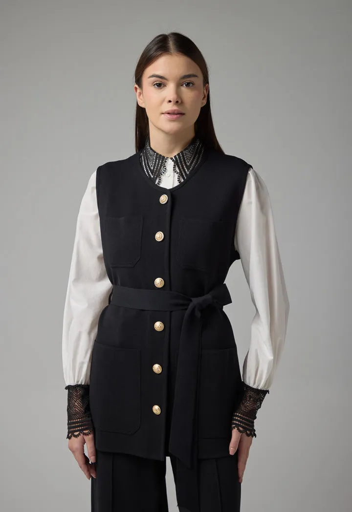 Choice Knitted Multi Pocket Belted Gilet Black