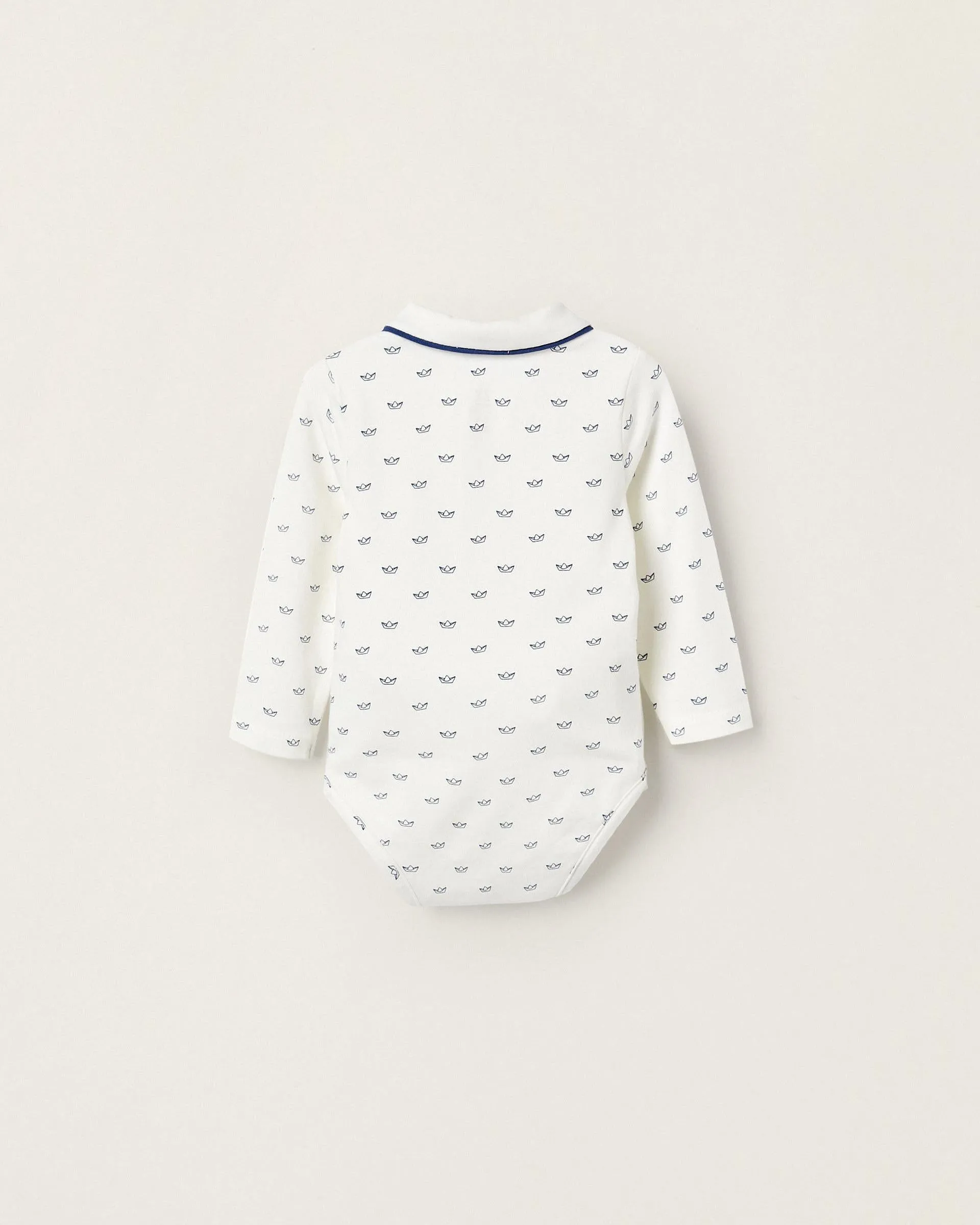 Cotton Bodysuit for Newborn Boys 'Paper Boats', White/Blue