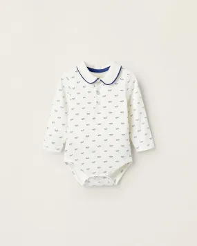 Cotton Bodysuit for Newborn Boys 'Paper Boats', White/Blue