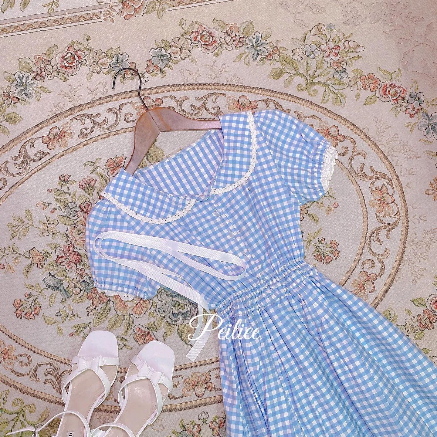 [Customized] Cloud Sailor Blue Gingham Babydoll Dress