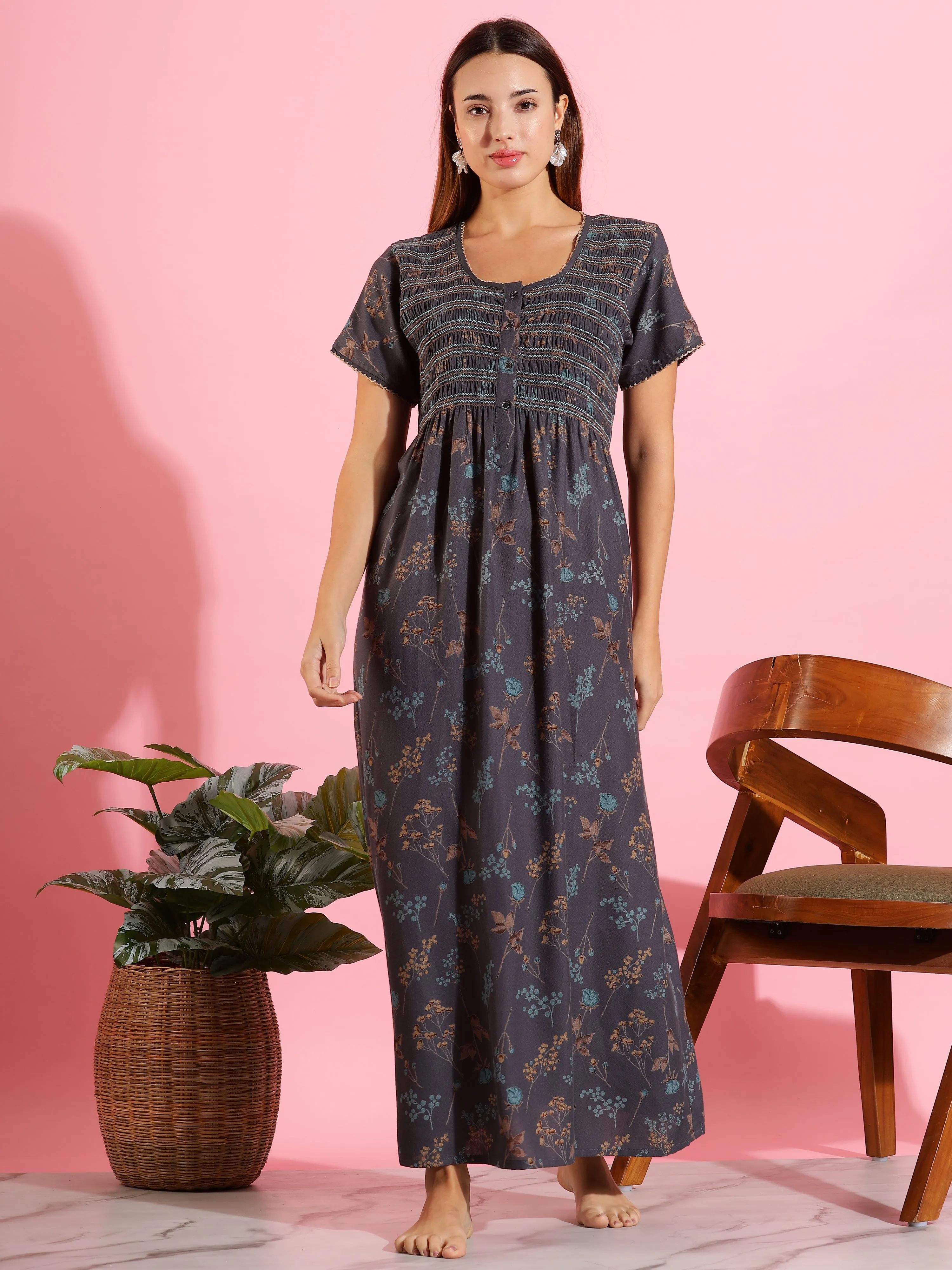 Dark Grey Alpine Pleated Nighty with Smoky Floral Design