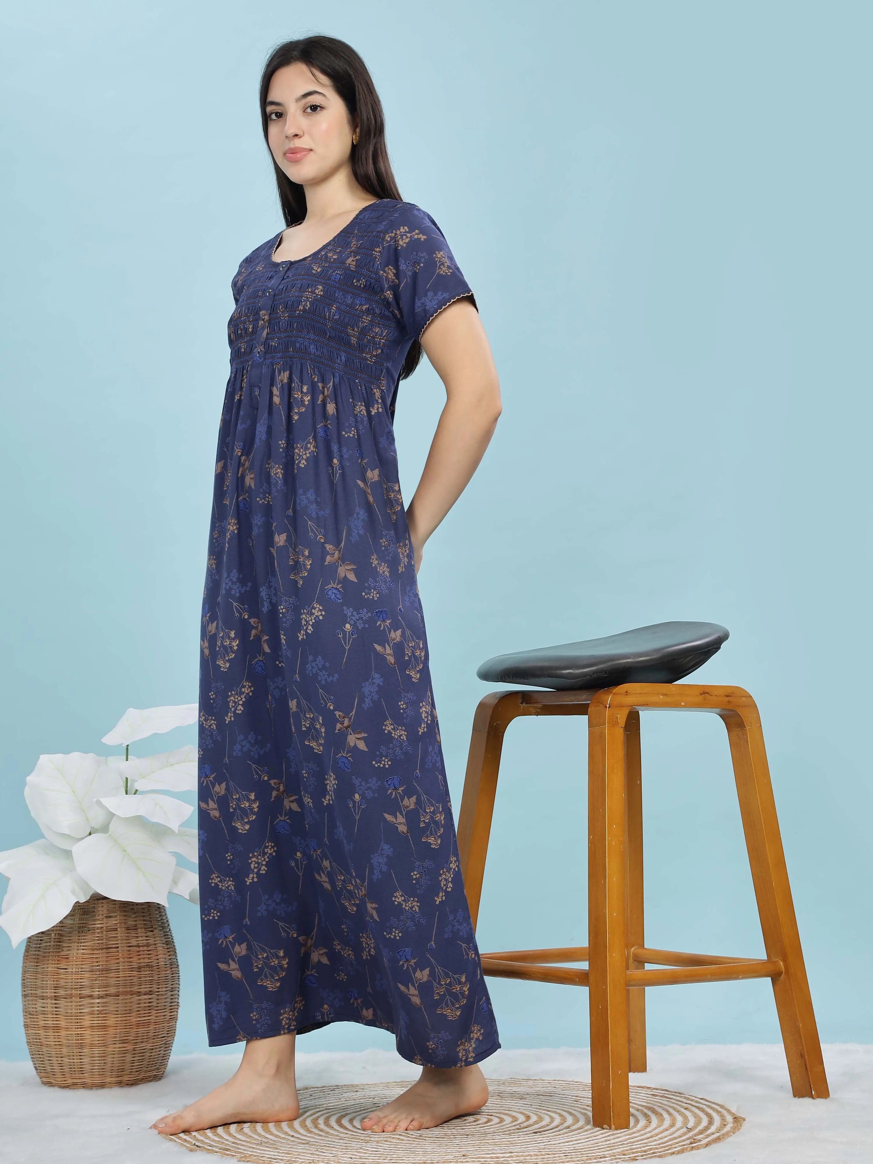 Deep Blue Alpine Maxi Nighty with Front Pleats & Pocket