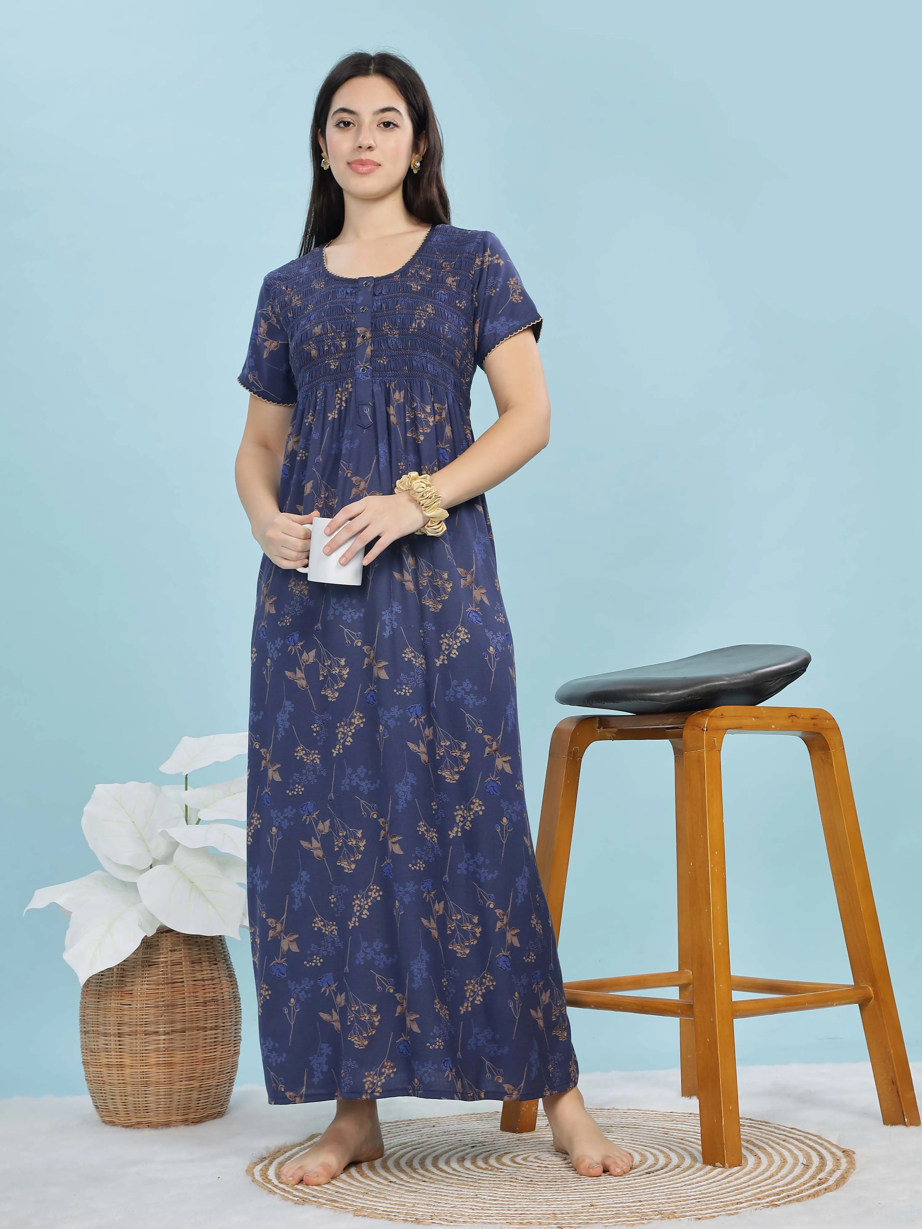 Deep Blue Alpine Maxi Nighty with Front Pleats & Pocket