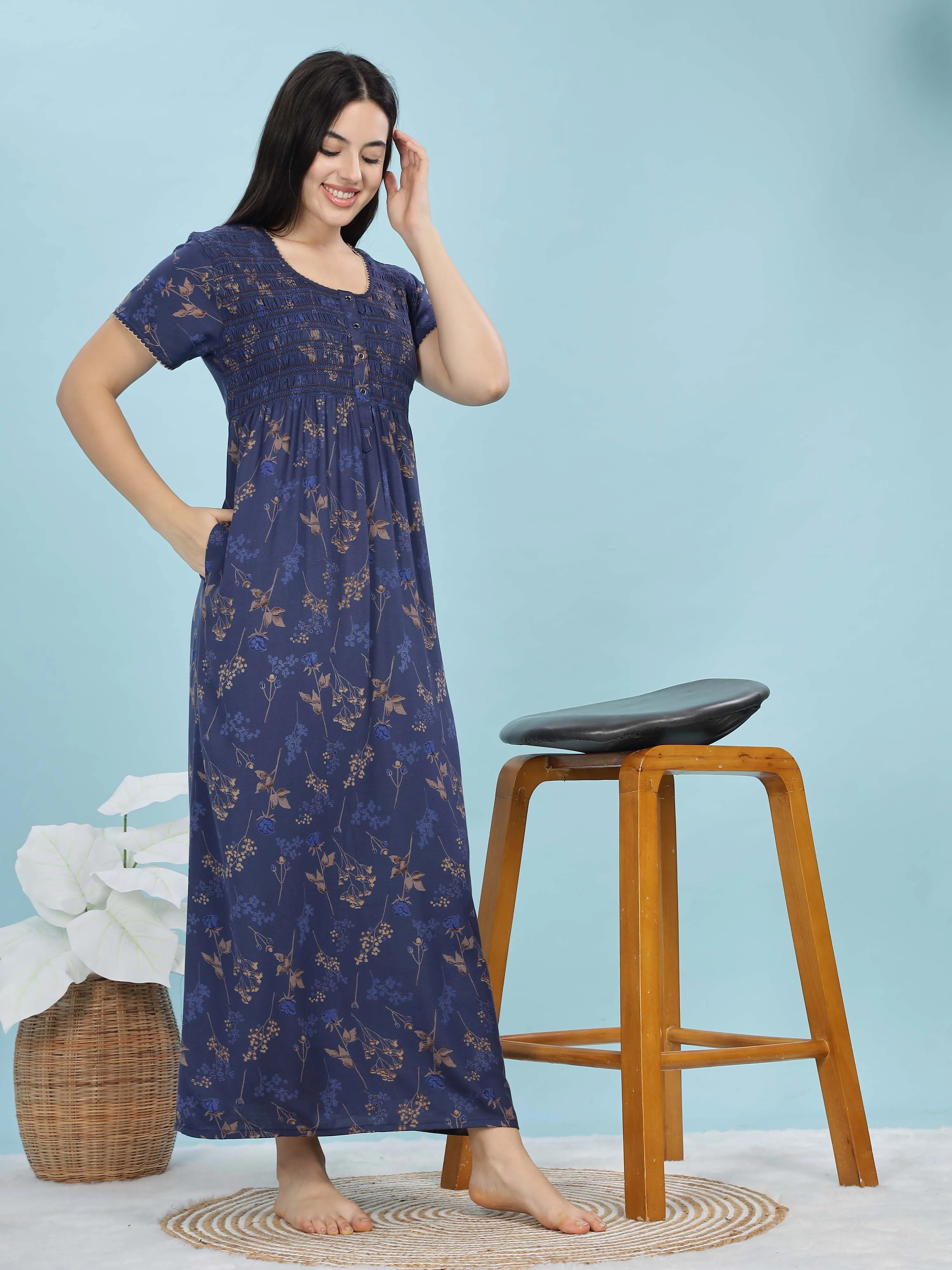 Deep Blue Alpine Maxi Nighty with Front Pleats & Pocket