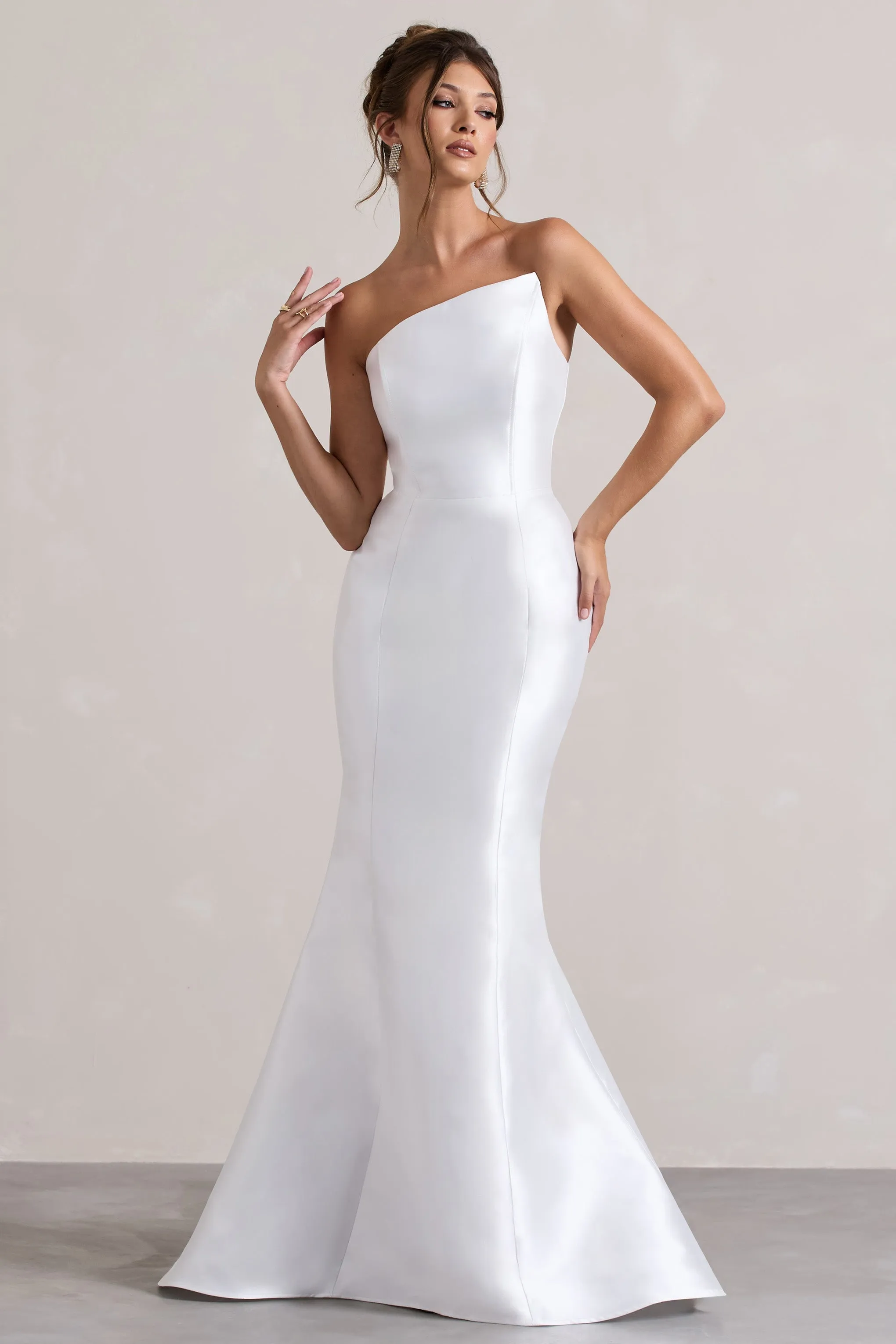 Define | White Satin Asymmetric Fishtail Maxi Dress