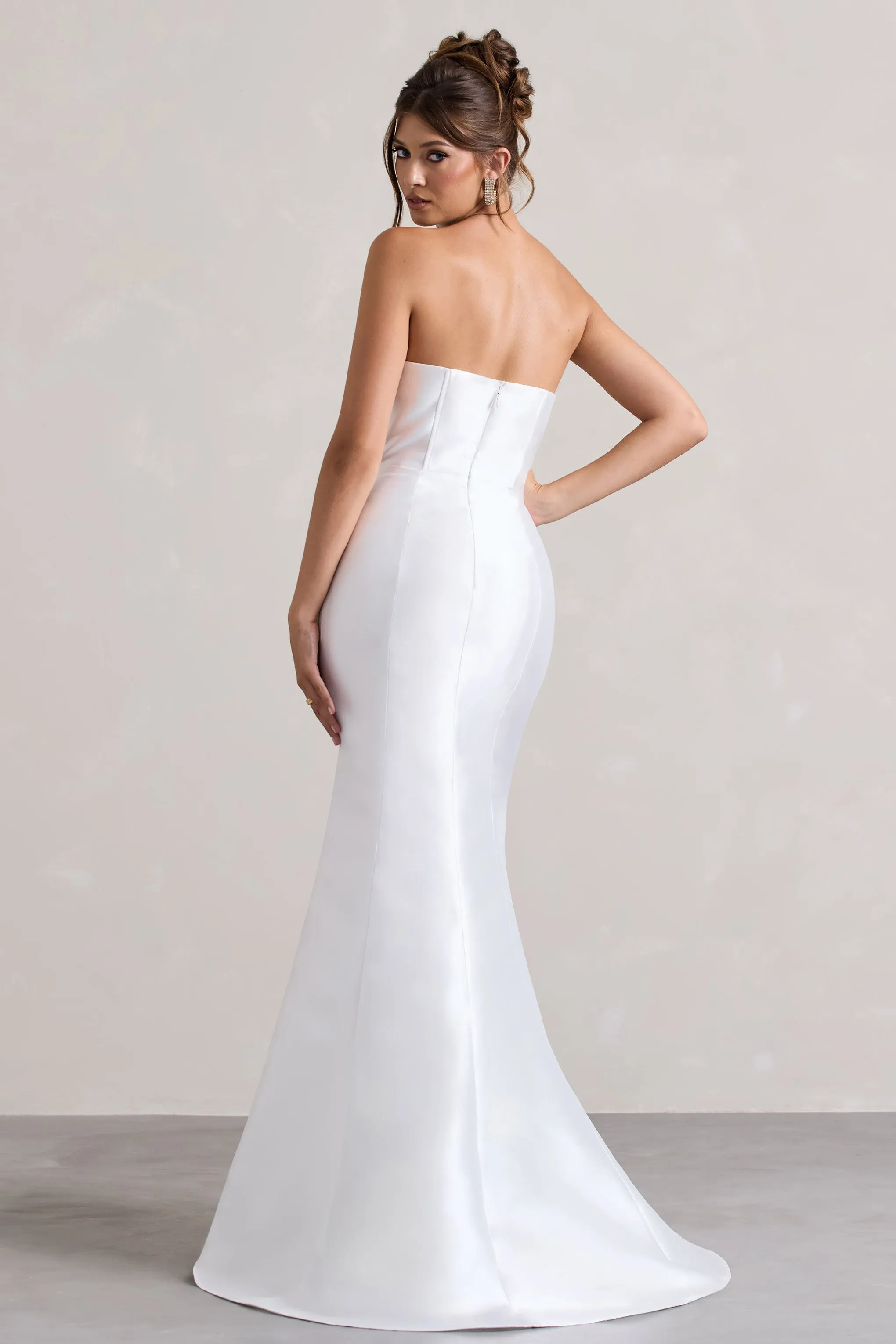 Define | White Satin Asymmetric Fishtail Maxi Dress