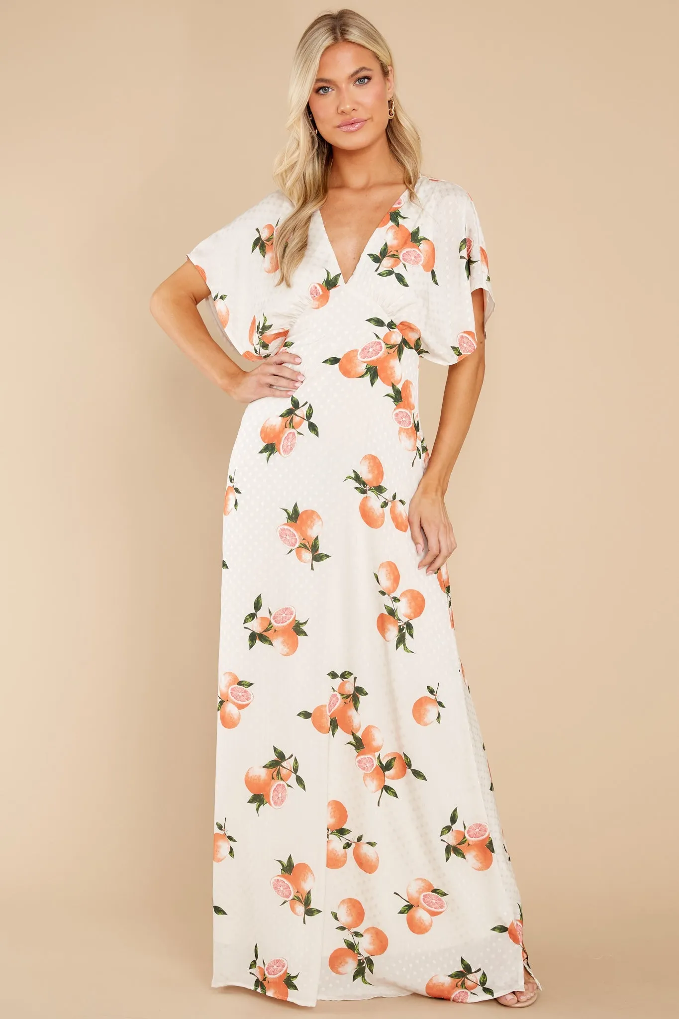 Dianella Grapefruit Print Satin Flutter Sleeve Maxi Dress