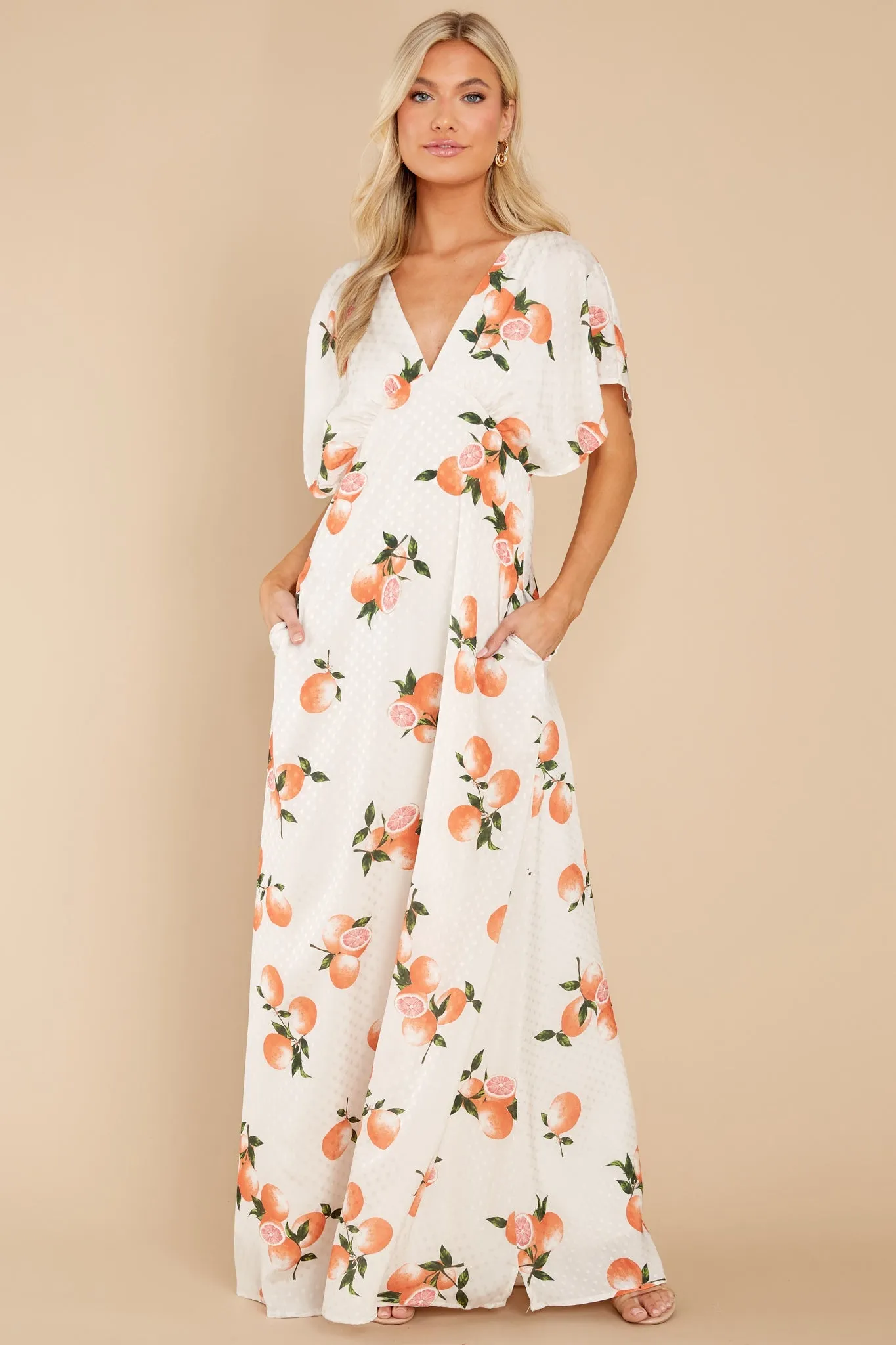 Dianella Grapefruit Print Satin Flutter Sleeve Maxi Dress