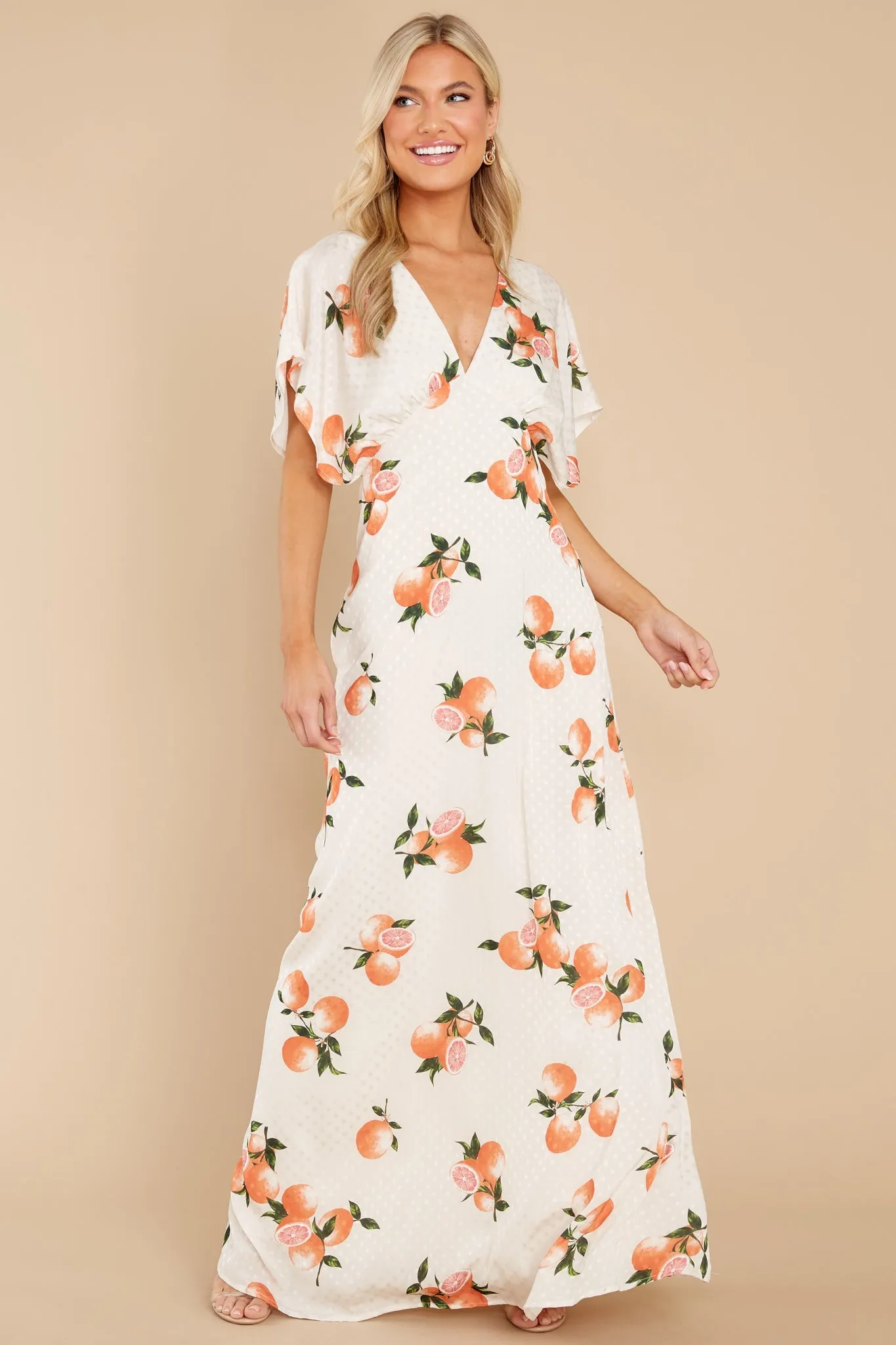 Dianella Grapefruit Print Satin Flutter Sleeve Maxi Dress