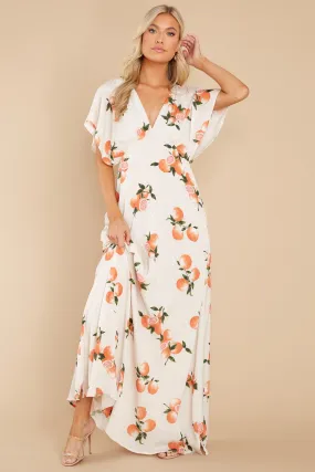 Dianella Grapefruit Print Satin Flutter Sleeve Maxi Dress