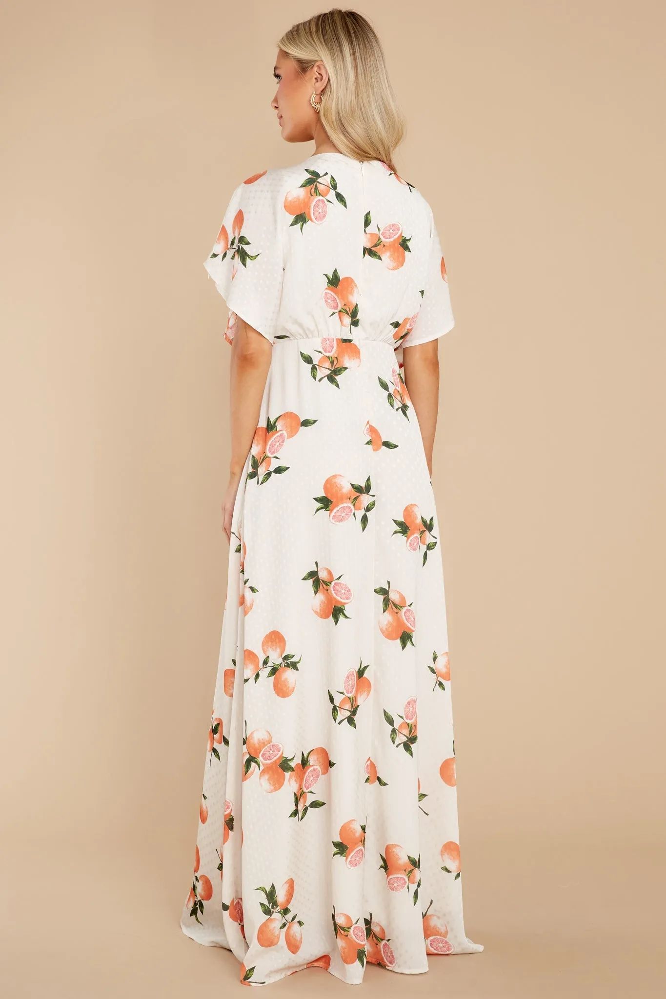 Dianella Grapefruit Print Satin Flutter Sleeve Maxi Dress