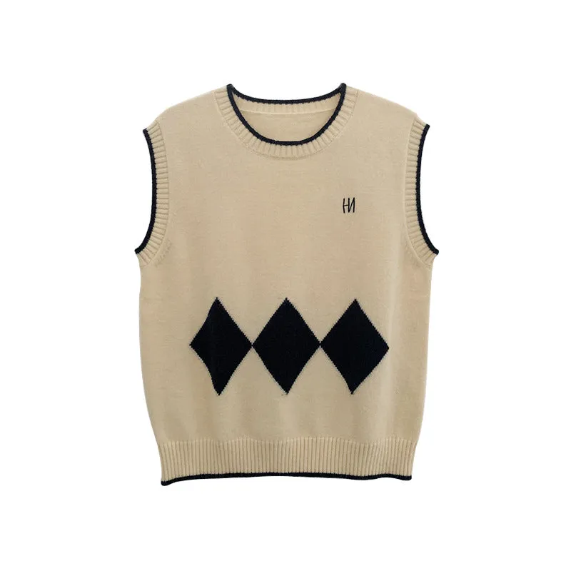 Early autumn Korean style simple color contrast argyle plaid knitted vest loose thin sleeveless sweater