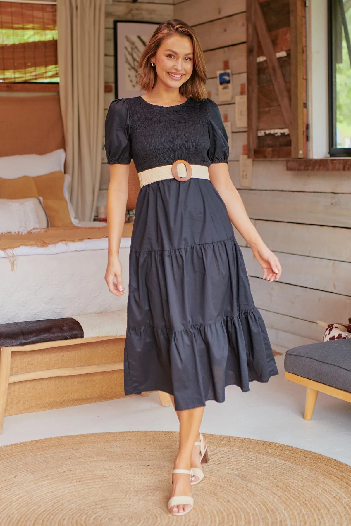 Edna Black Shirred Bust Tiered Maxi Dress