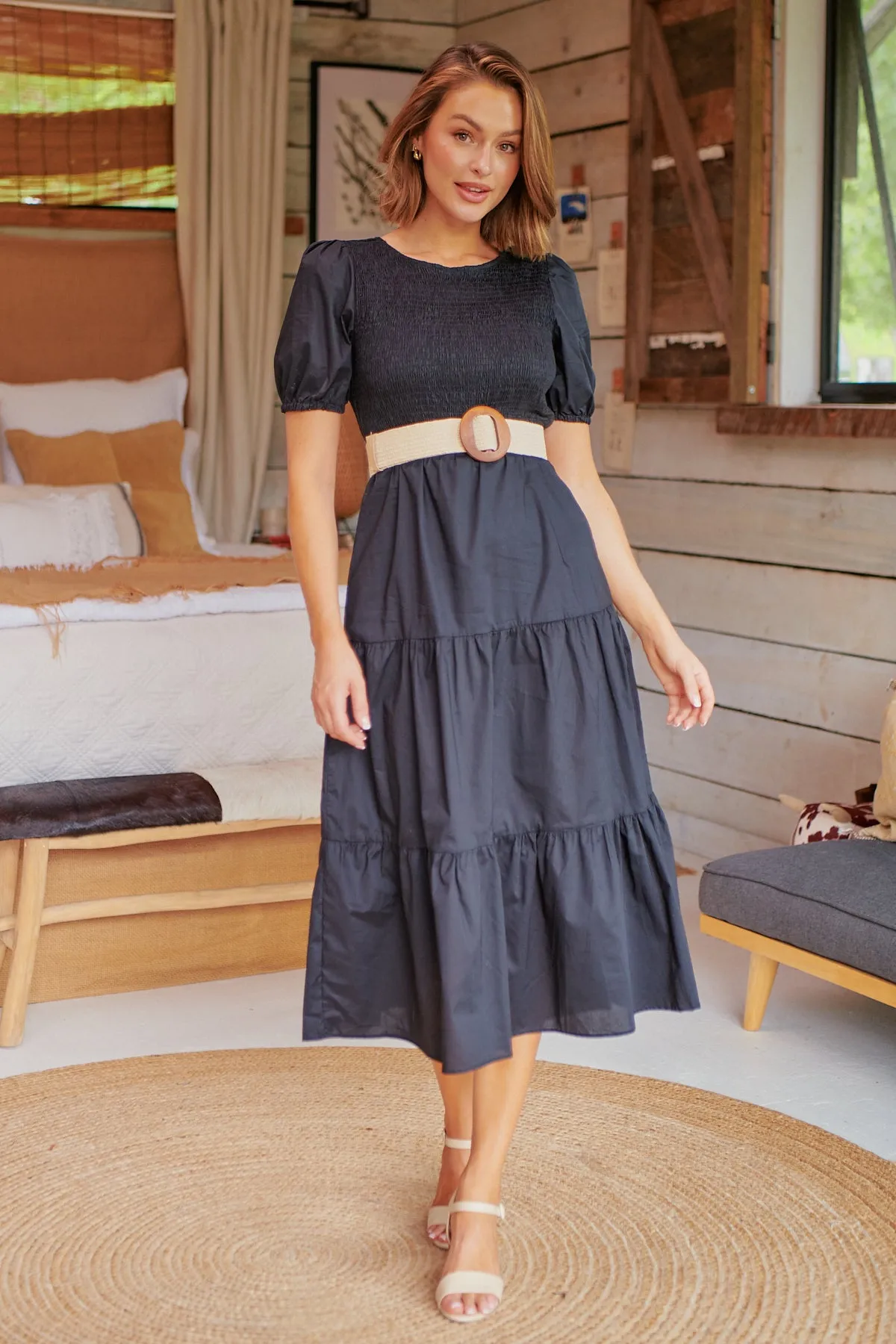 Edna Black Shirred Bust Tiered Maxi Dress