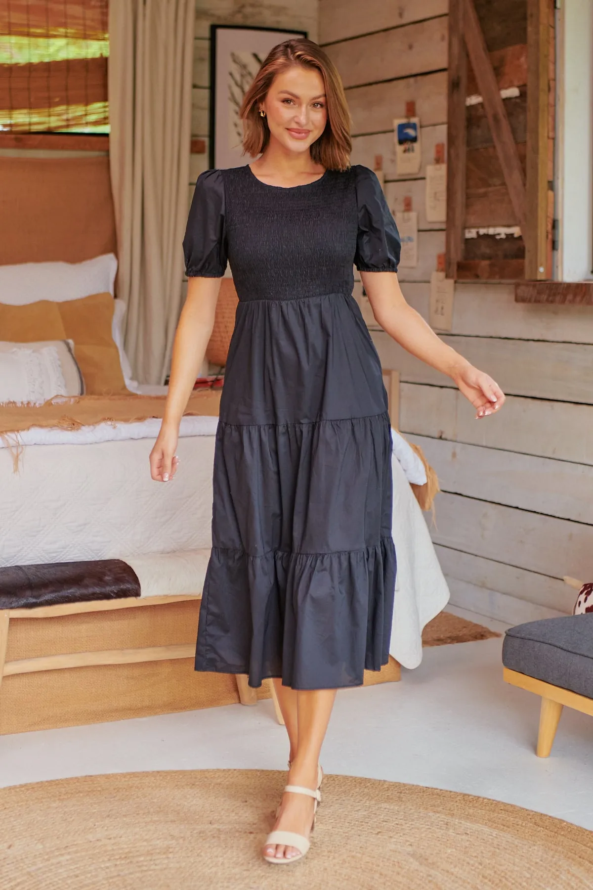 Edna Black Shirred Bust Tiered Maxi Dress