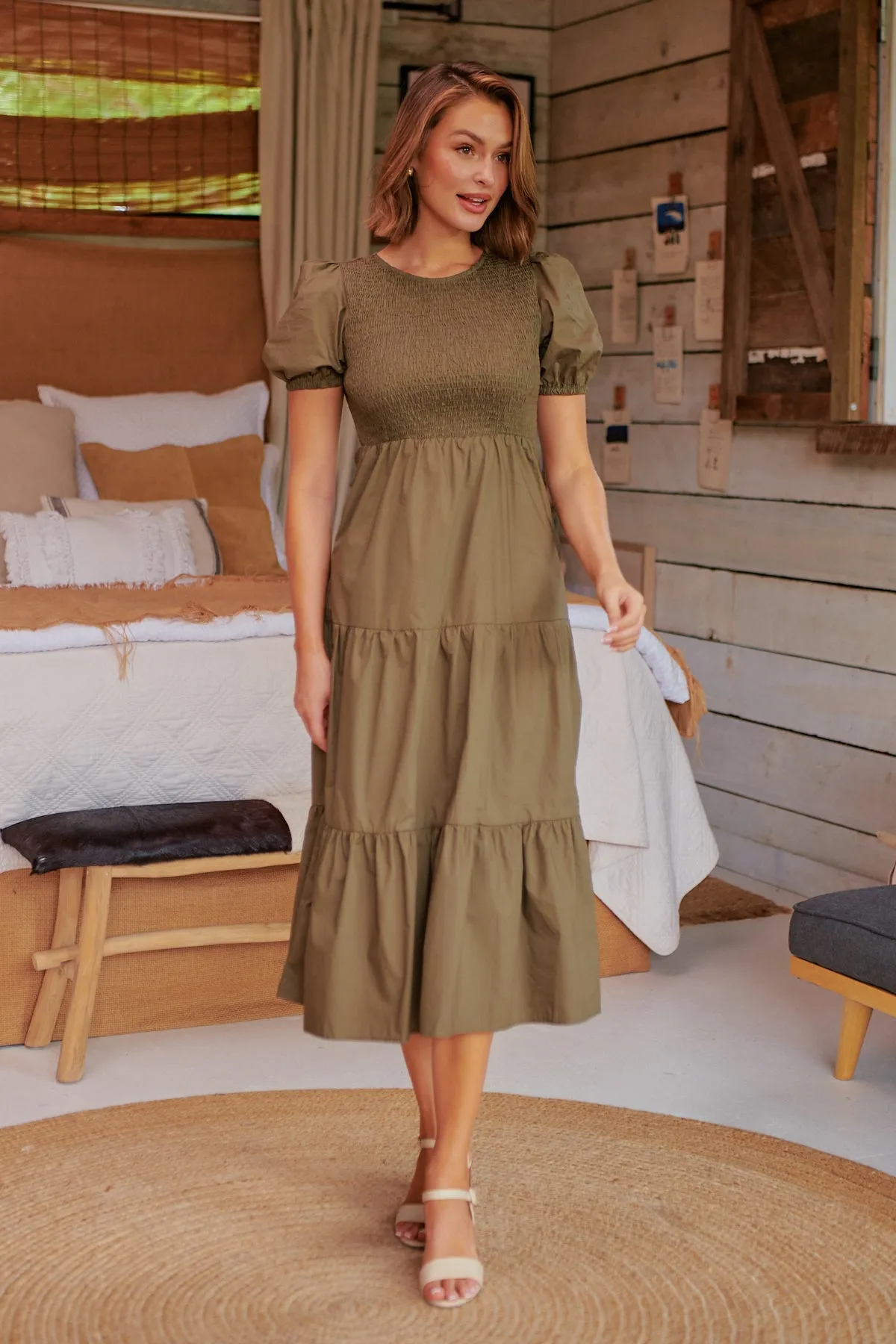 Edna Khaki Shirred Bust Tiered Maxi Dress