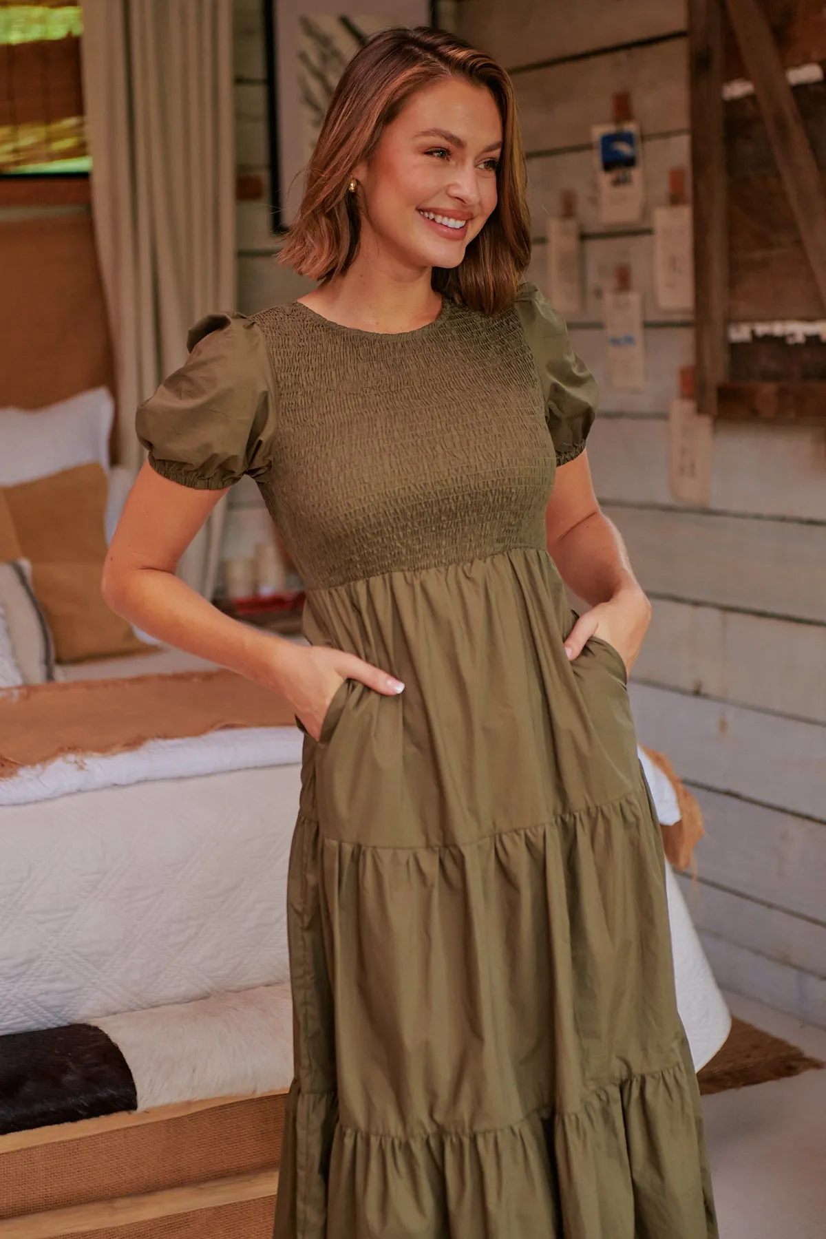 Edna Khaki Shirred Bust Tiered Maxi Dress