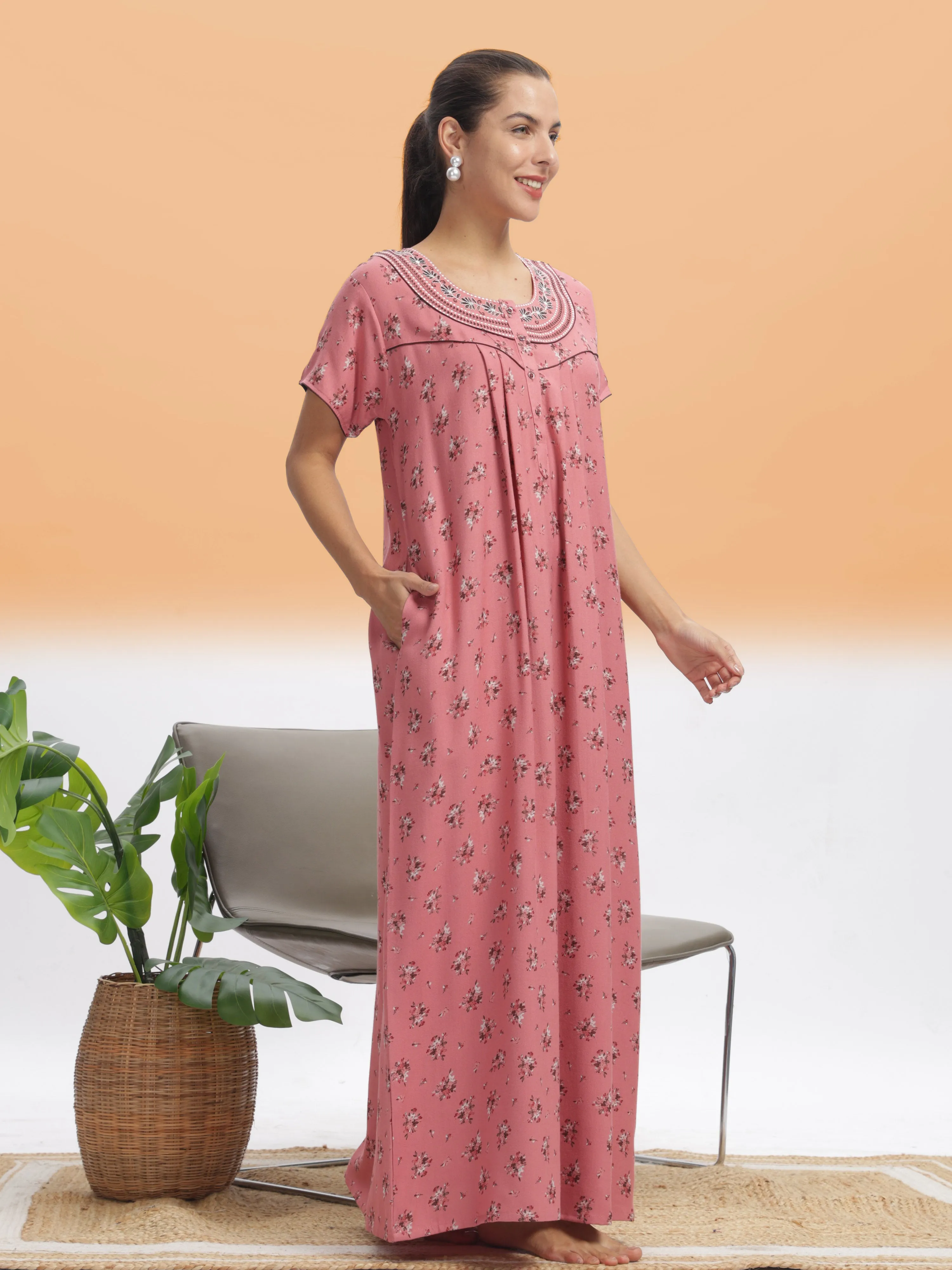 Elegant Peach Blossom Alpine Maxi Nighty - Luxurious Comfort & Style