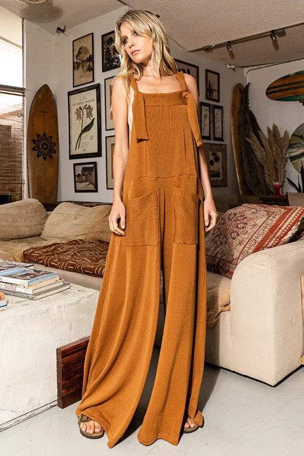 Elena Wide Leg Tie Strap Ribbed Jumpsuit