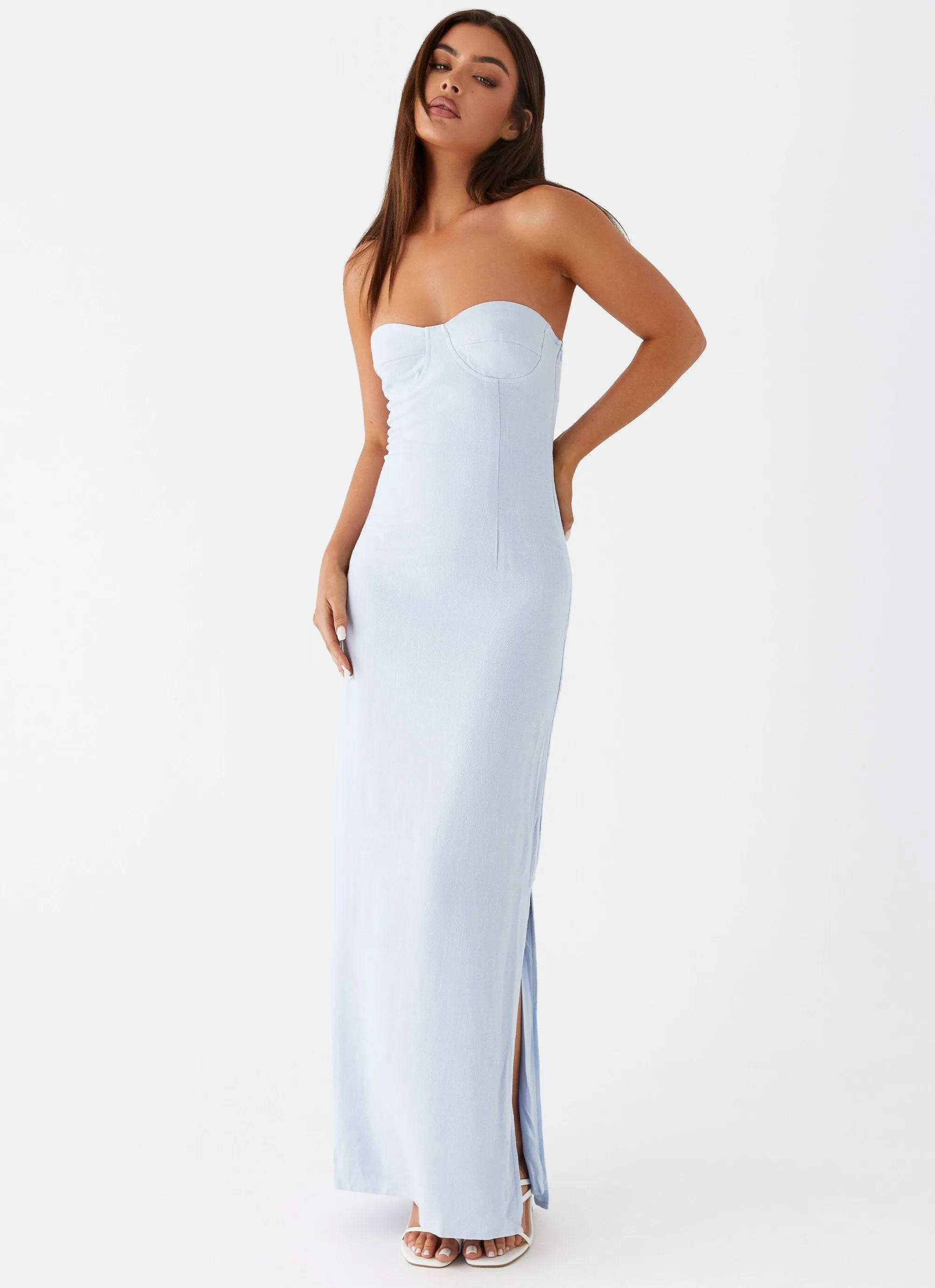 Esra Linen Strapless Maxi Dress - Blue