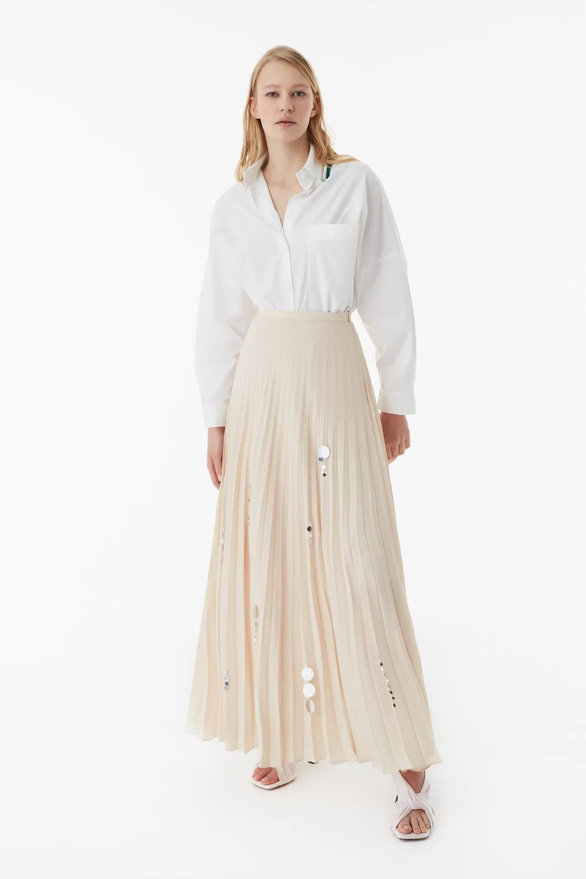 Exquise Sequin Embroidered Detailed Pleated Maxi Skirt Beige