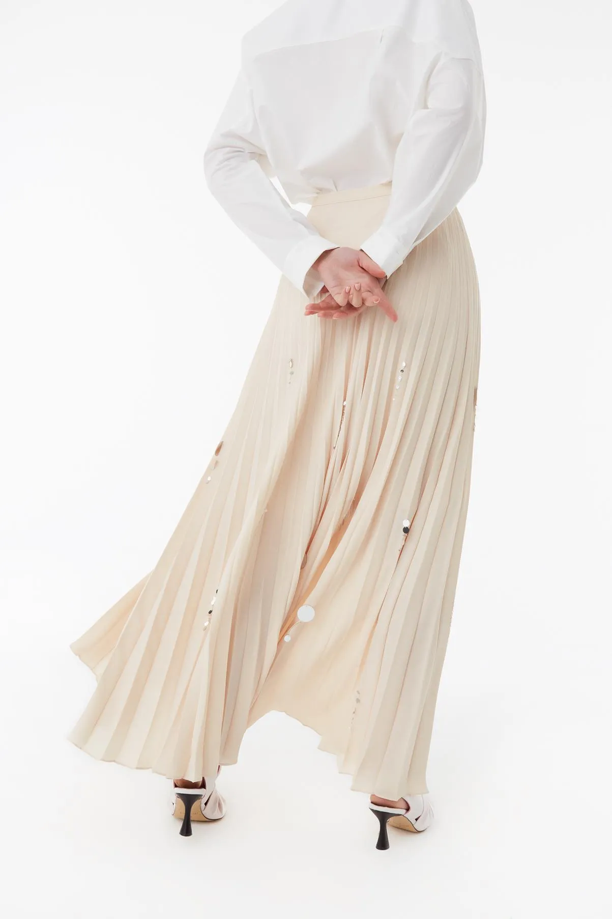 Exquise Sequin Embroidered Detailed Pleated Maxi Skirt Beige