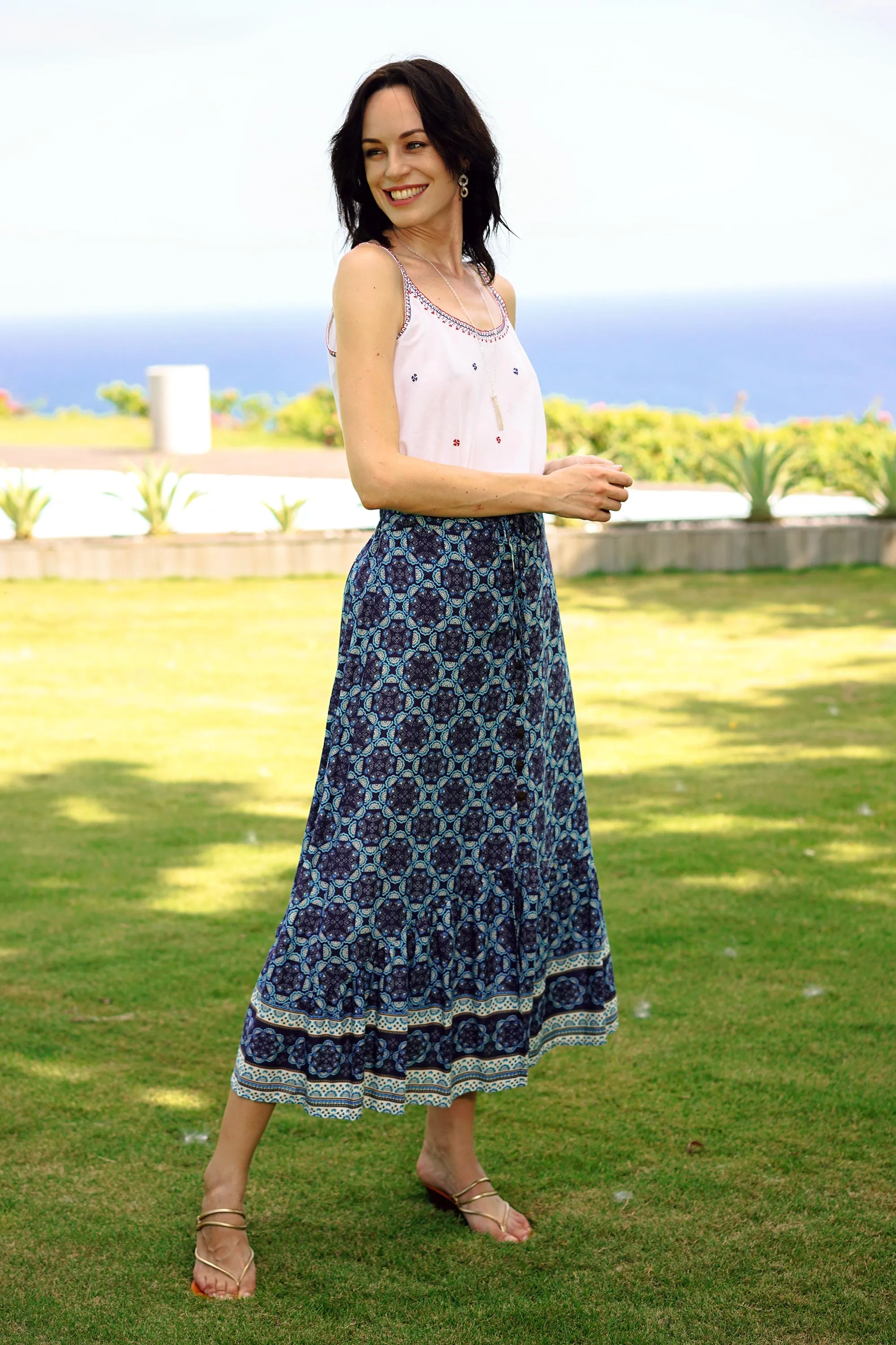 Fascinating Evening Floral Motif Rayon Skirt in Blue from Thailand