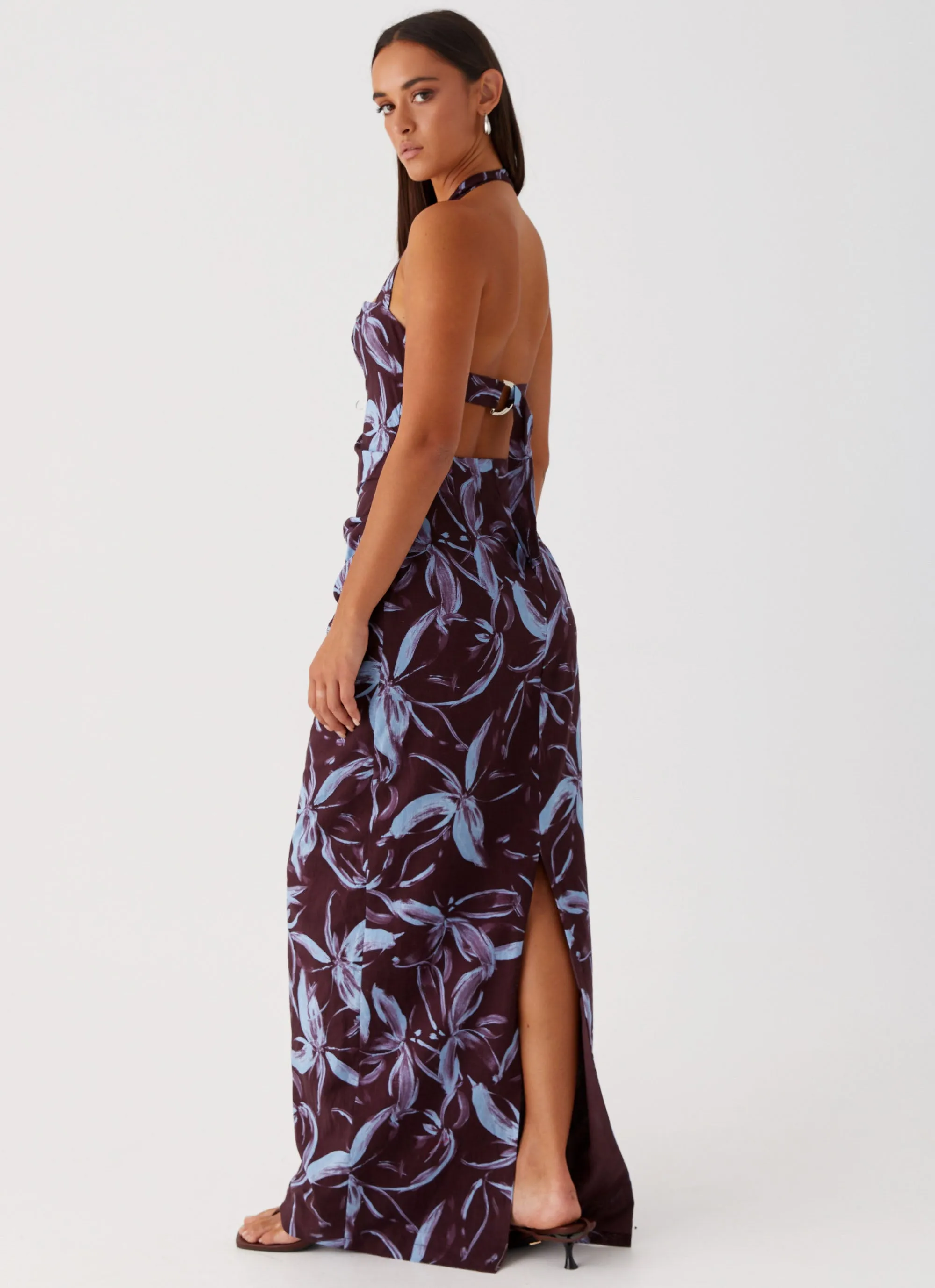 Fauna Halter Maxi Dress - Brown Purple Floral