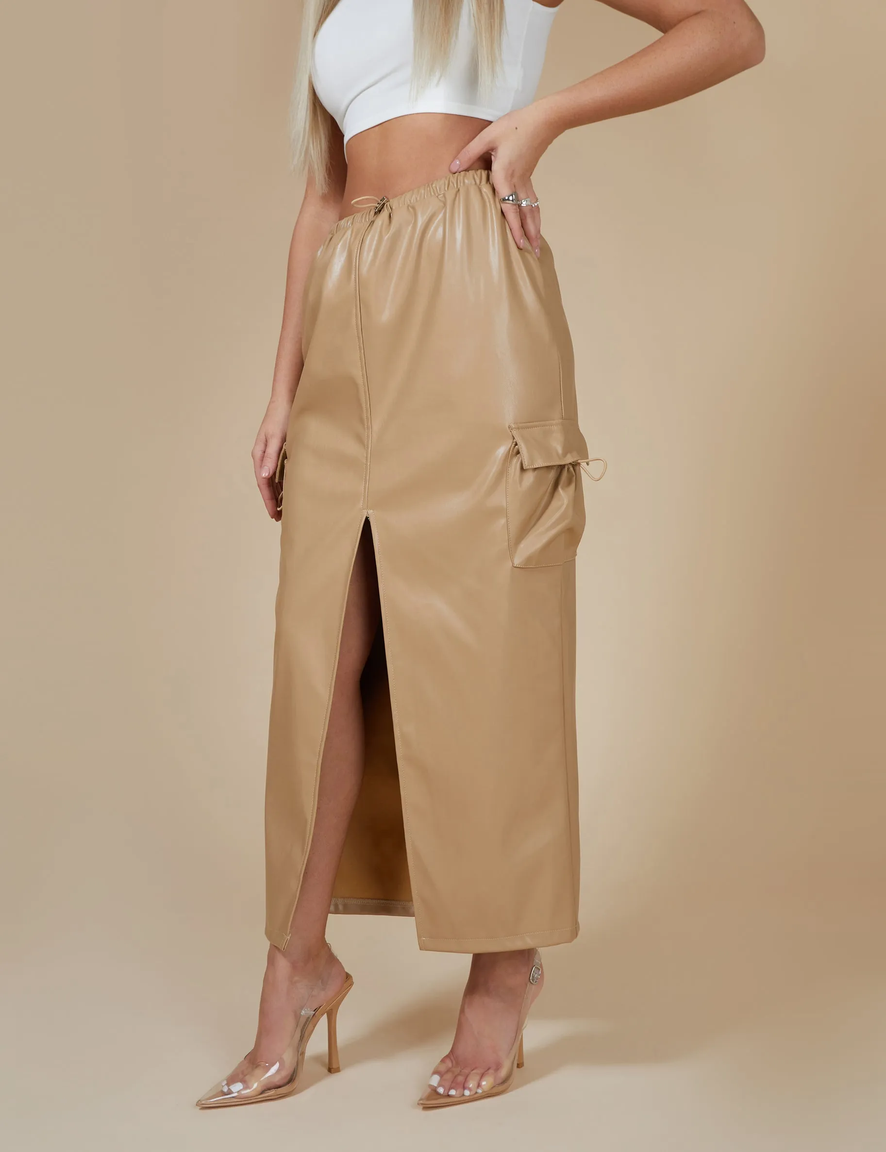 Faux Leather Pocket Detail Cargo Maxi Skirt Camel