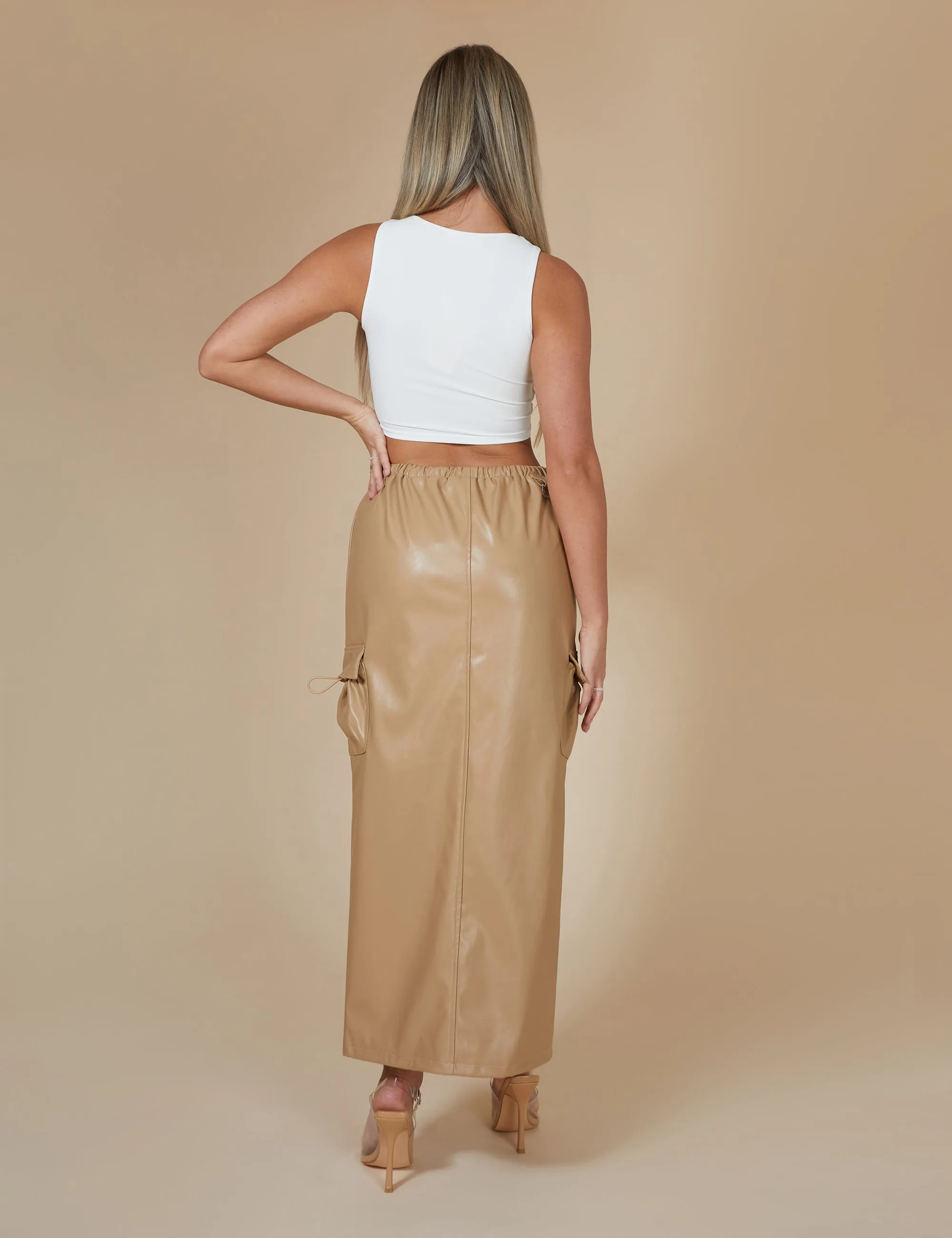 Faux Leather Pocket Detail Cargo Maxi Skirt Camel