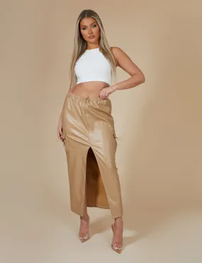 Faux Leather Pocket Detail Cargo Maxi Skirt Camel