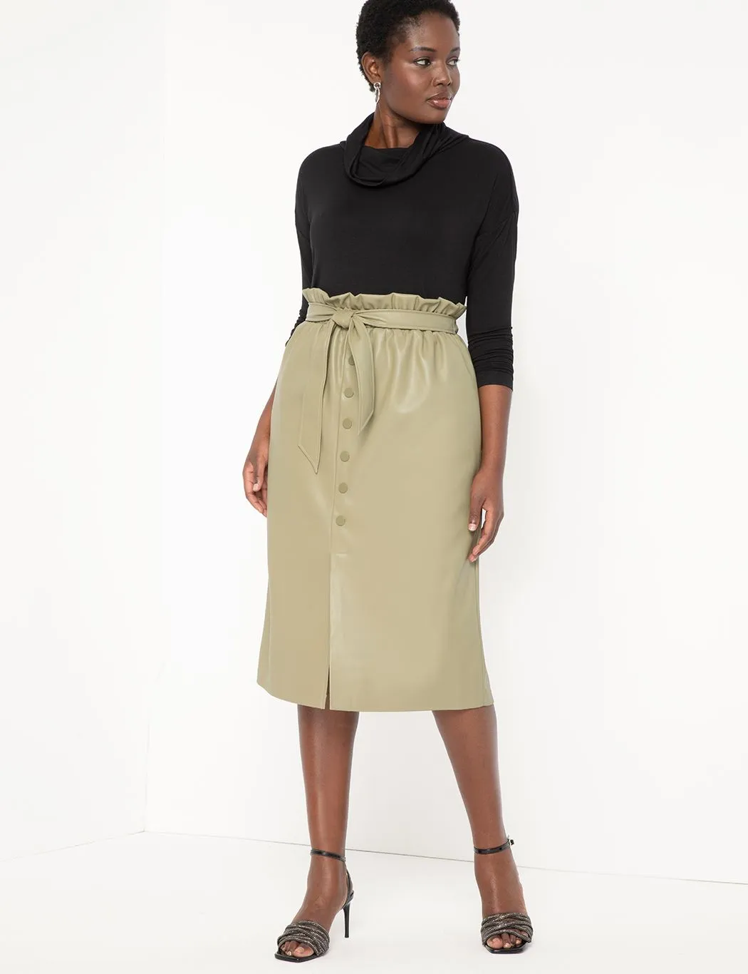 Faux Leather Snap Front Skirt in Sage